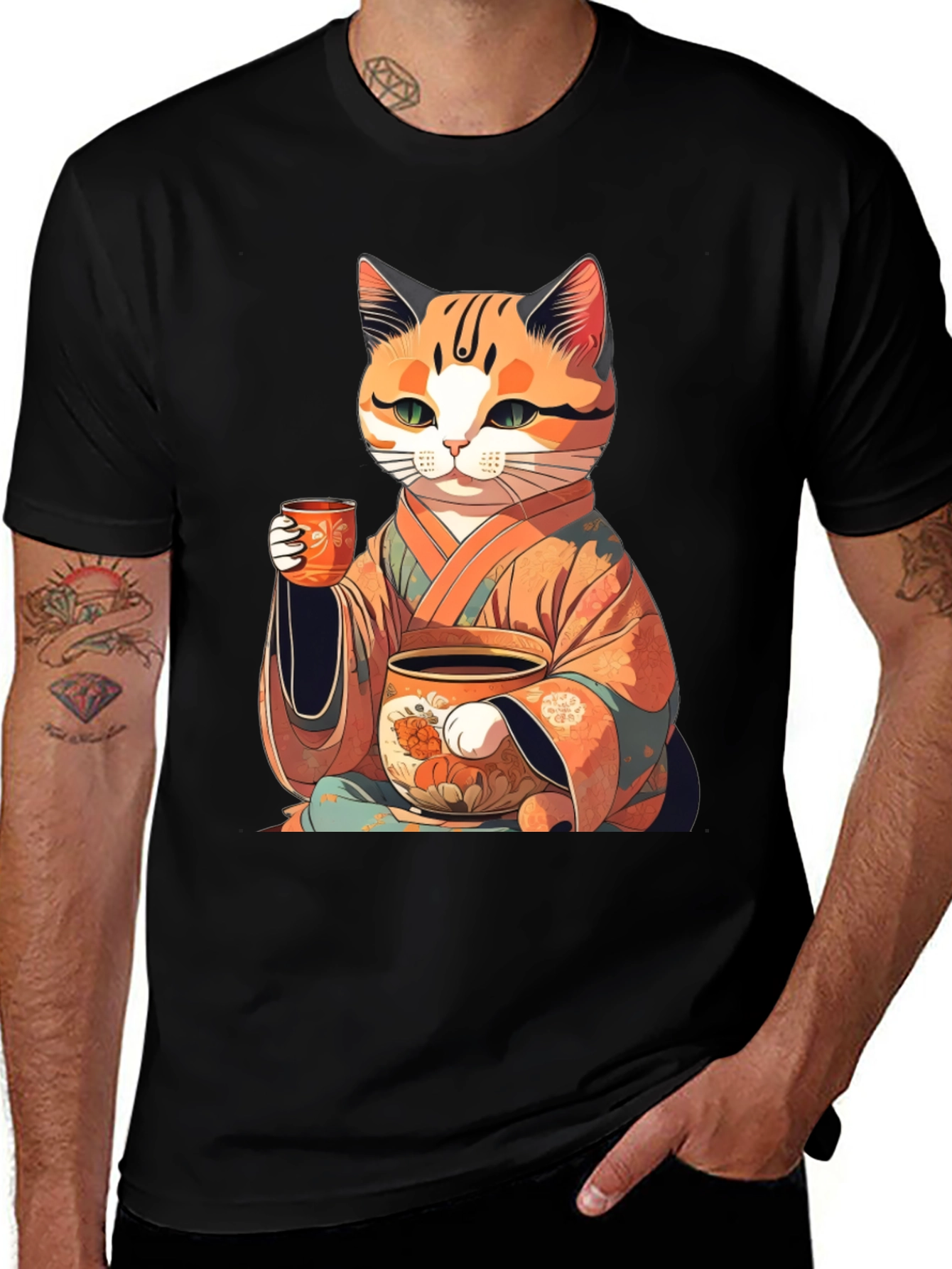 Variant 16 of Zen Cat Tea T-Shirt - Black Unisex Tee