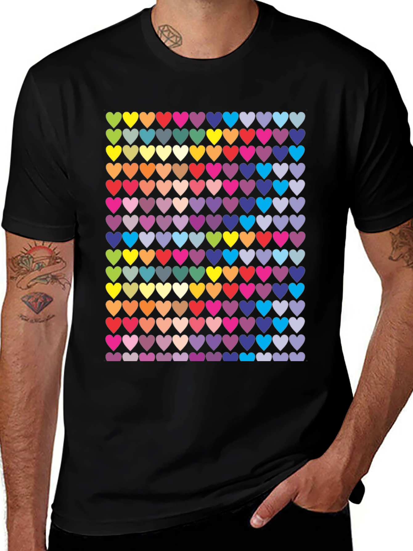 Variant 21 of Colorful Hearts Pattern Black T-Shirt