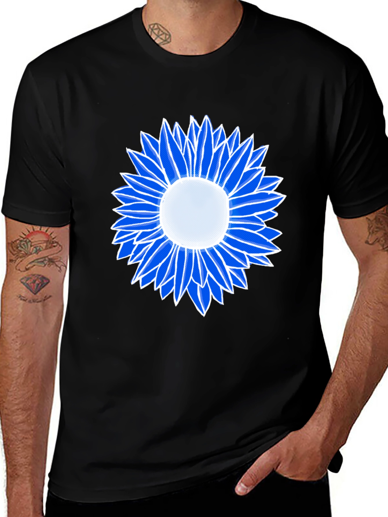Variant 18 of Blue Flower Graphic Tee - Casual Black T-Shirt