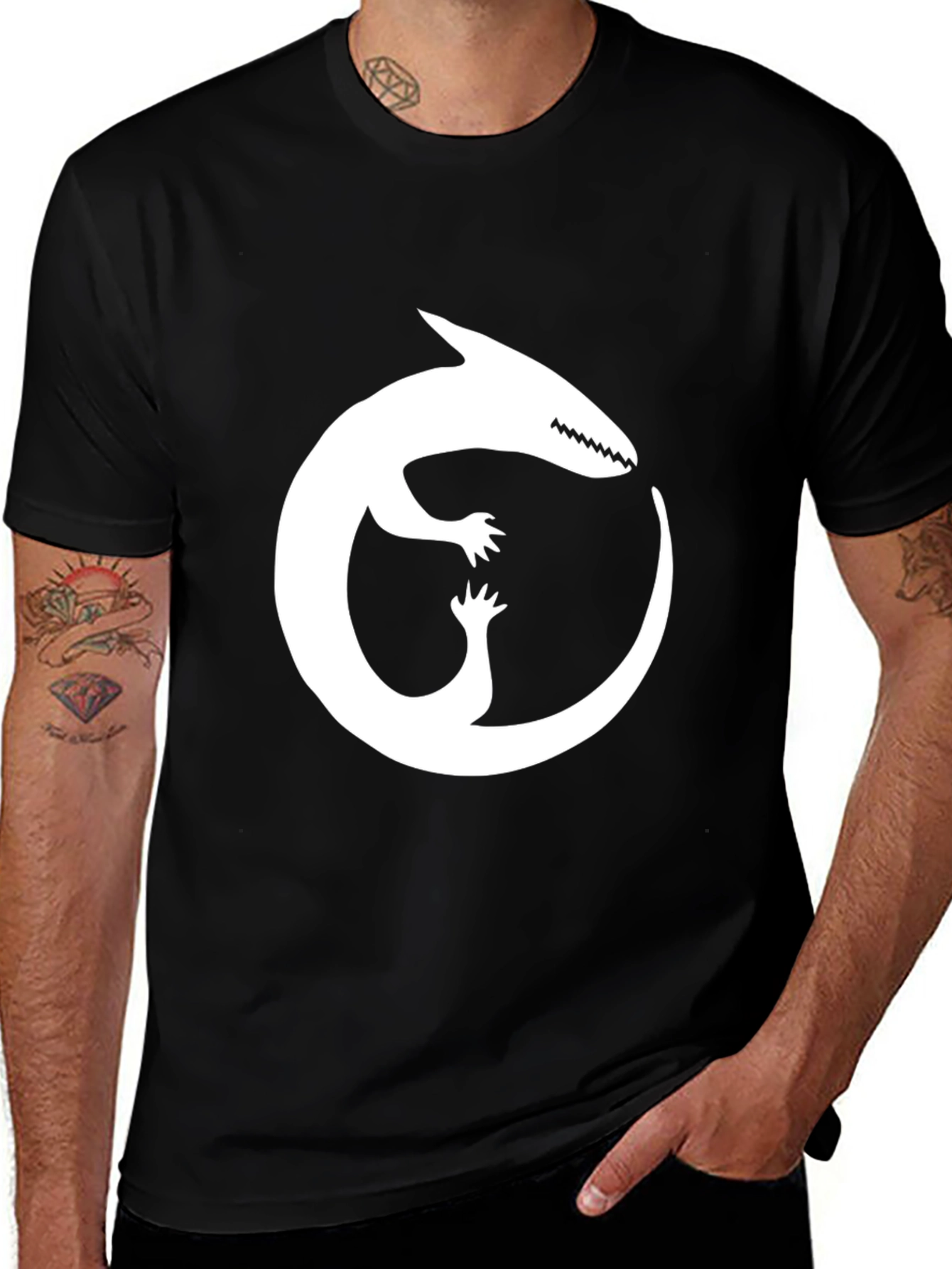 Variant 21 of Black T-Shirt with White Ouroboros Lizard Graphic