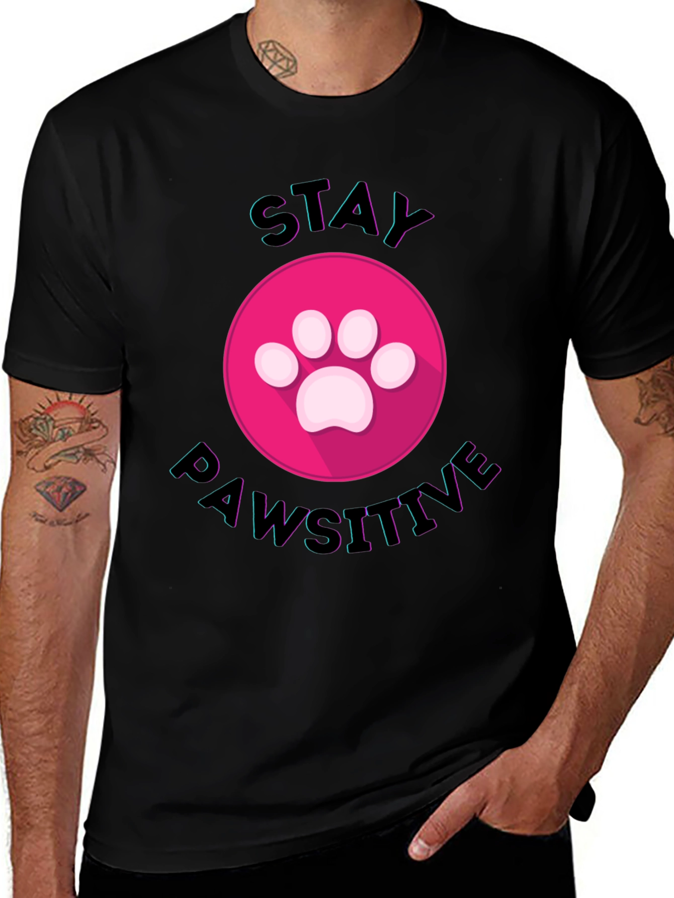 Variant 30 of Stay Pawsitive Graphic Tee - Black Cotton Comfort