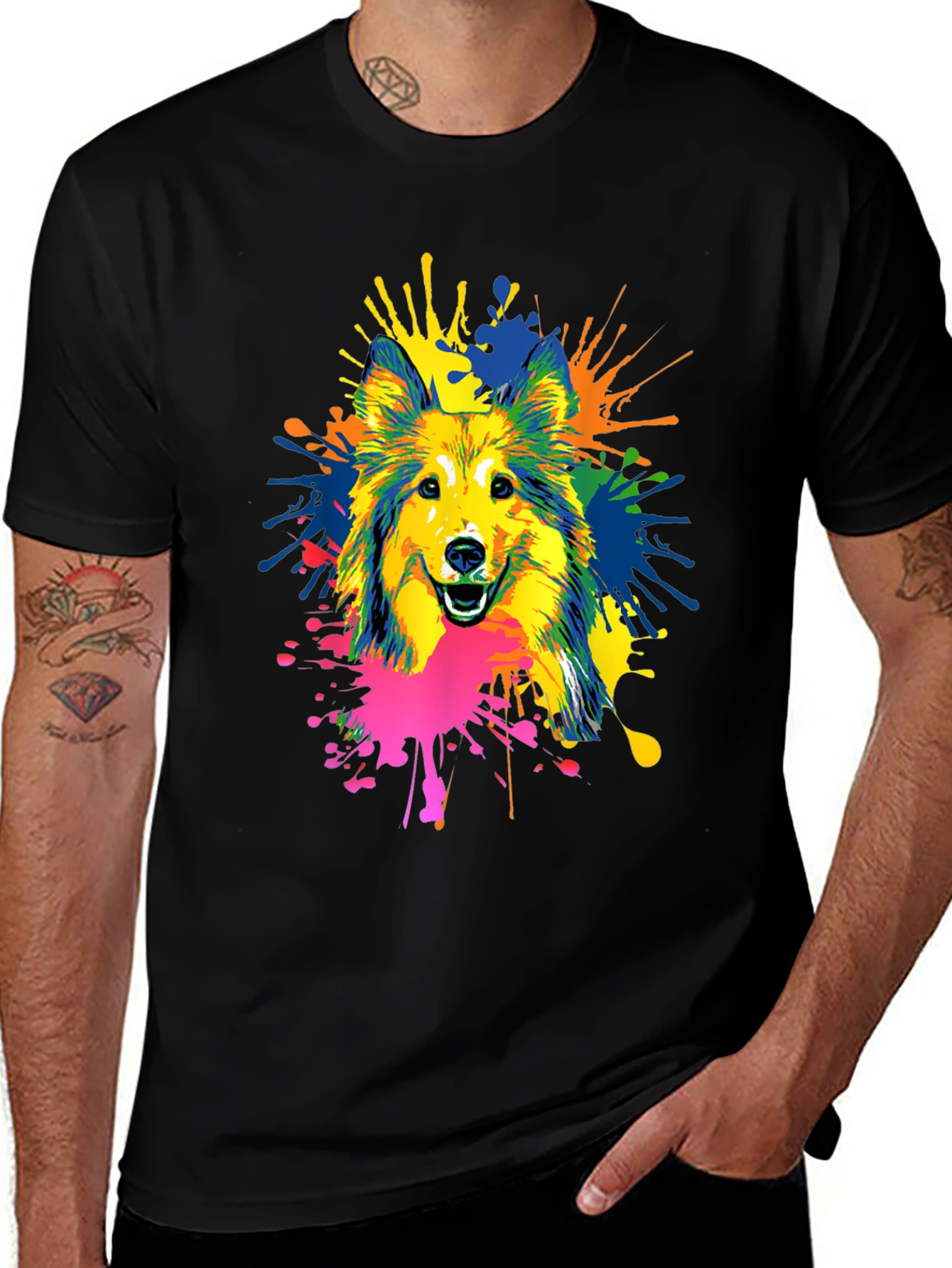 Variant 6 of Colorful Dog Splatter Print Black T-Shirt
