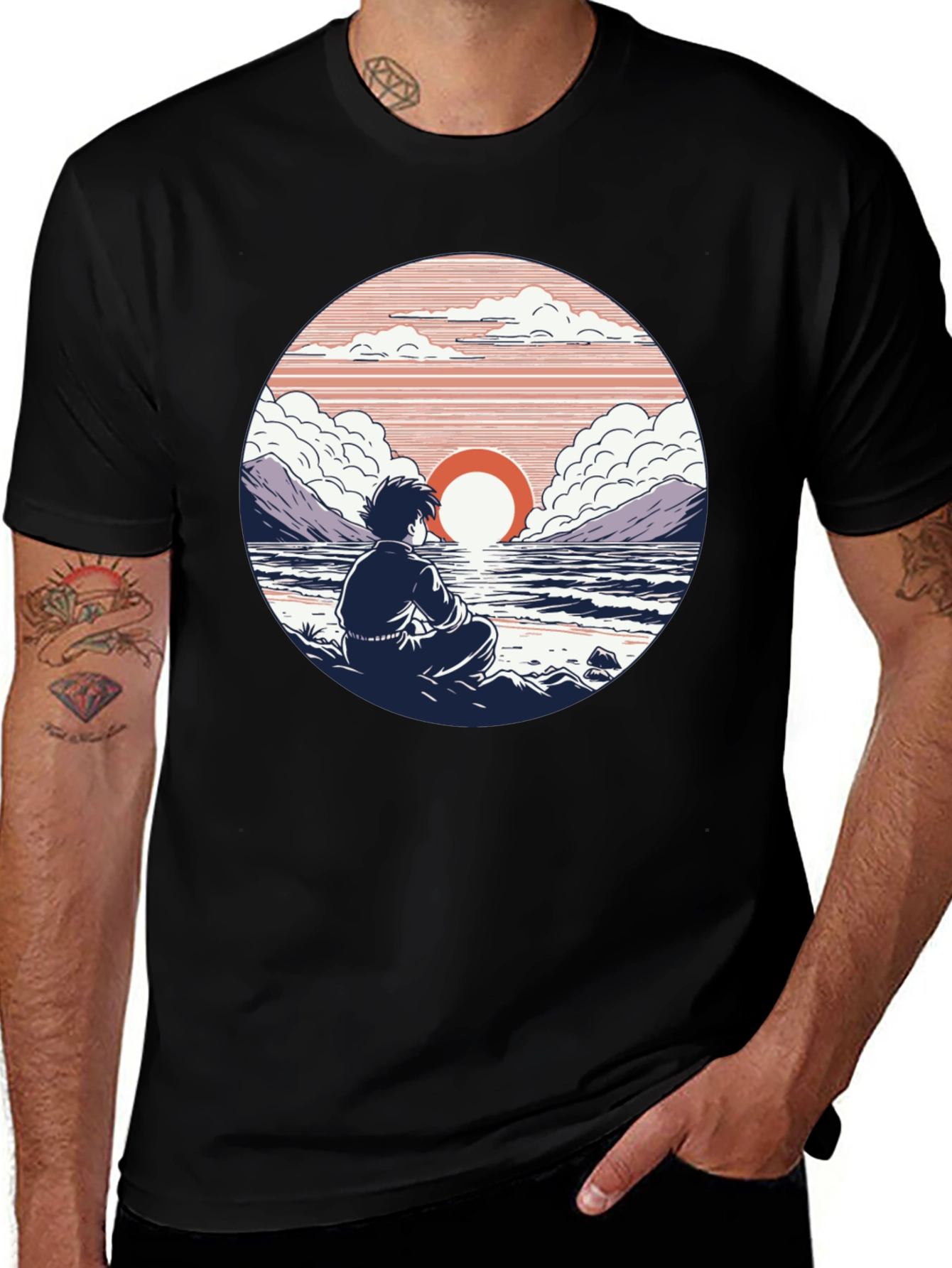 Anime Sunset T-Shirt: Coastal Meditation Design