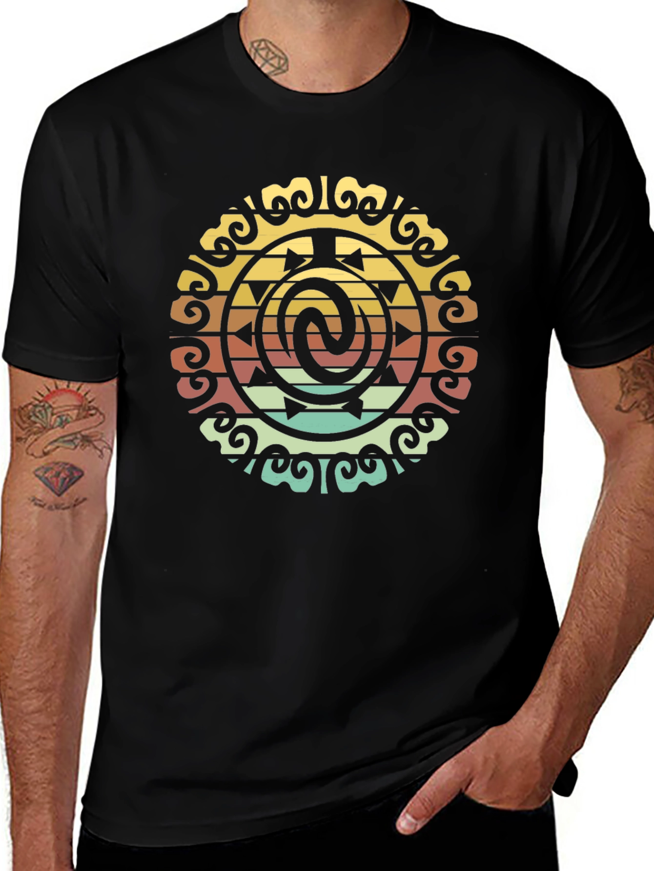 Retro Tribal Circle Graphic Black T-Shirt