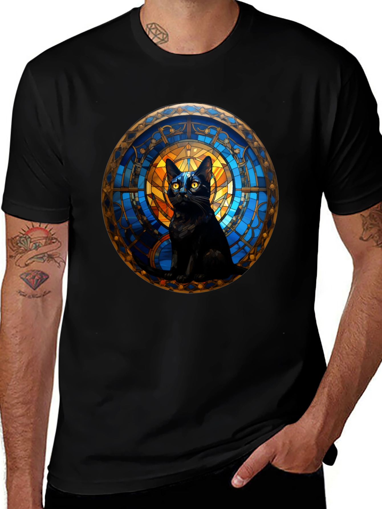 Variant 25 of Black Cat Stained Glass Art Graphic T-Shirt
