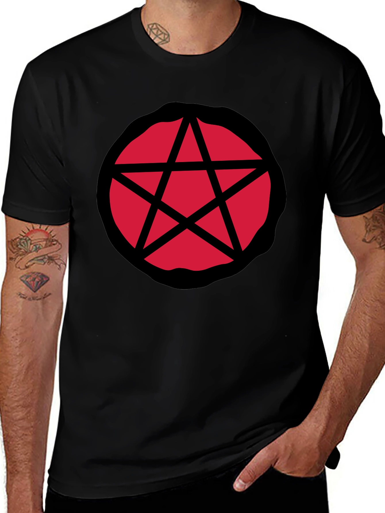 Variant 17 of Red Pentagram Graphic Black T-Shirt