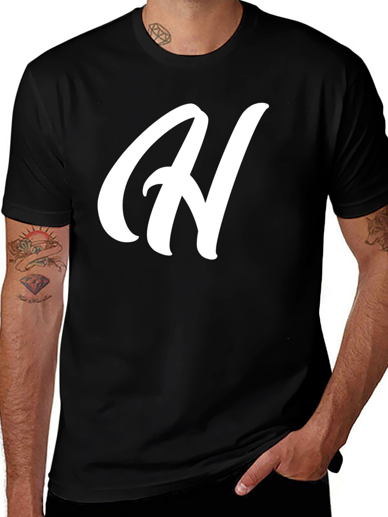 Variant 4 of Black T-Shirt with White "H" Graphic
