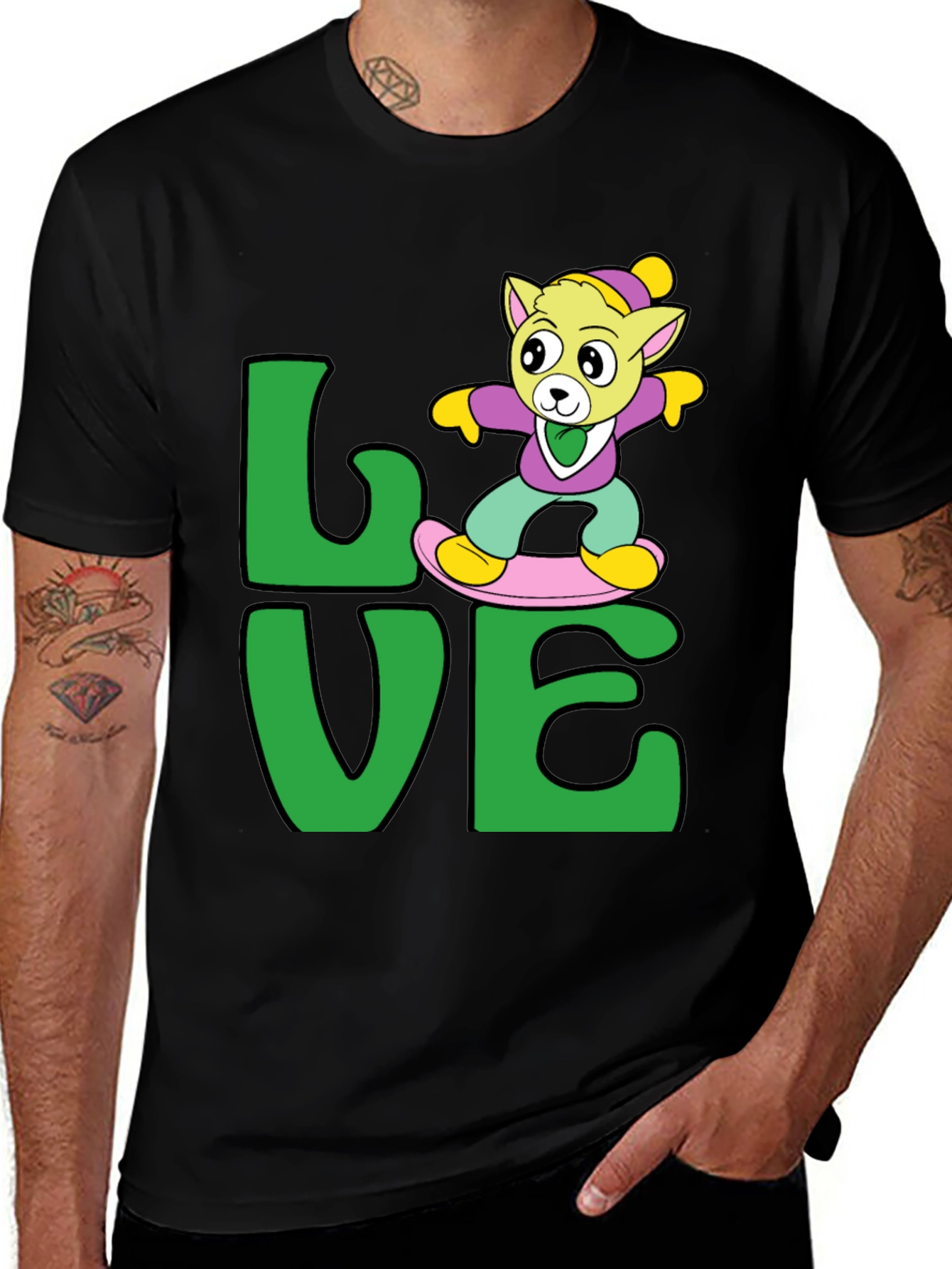 Cartoon Animal Love T-Shirt - Black Cotton Tee