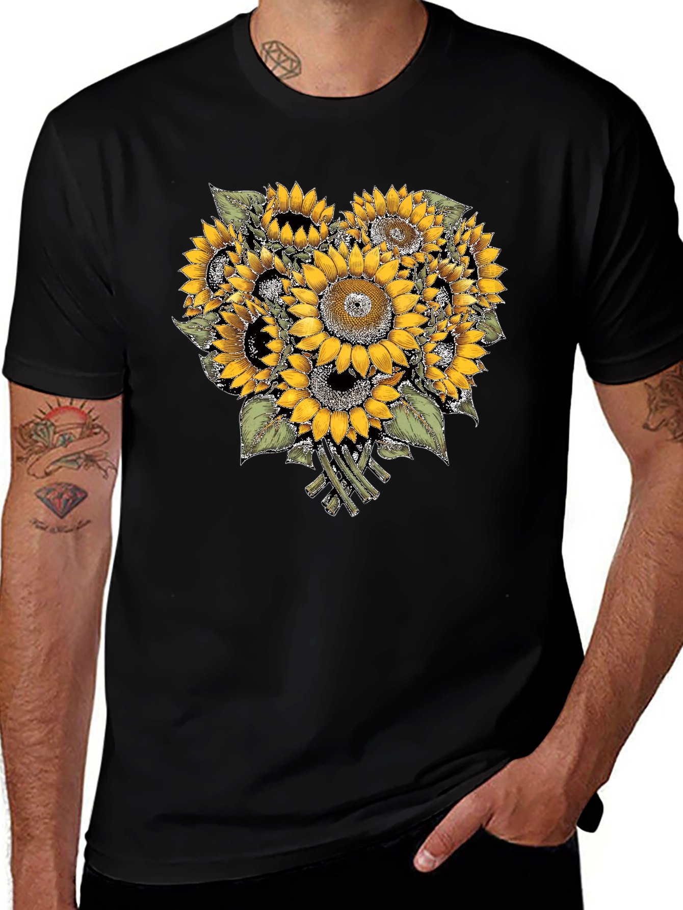 Sunflower Bouquet Graphic Black Tee Shirt