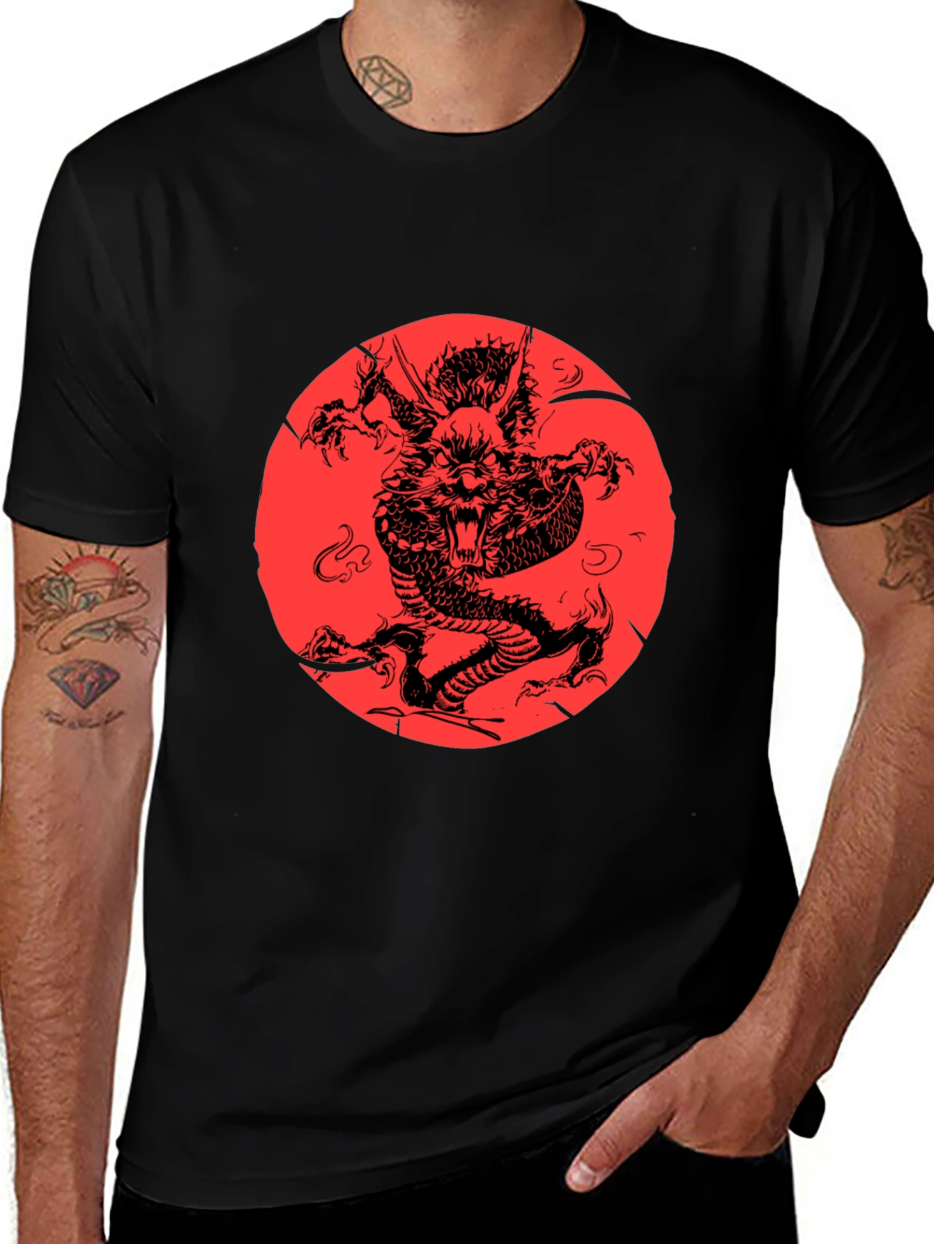 Variant 27 of Dragon Graphic Print Black Crewneck T-Shirt