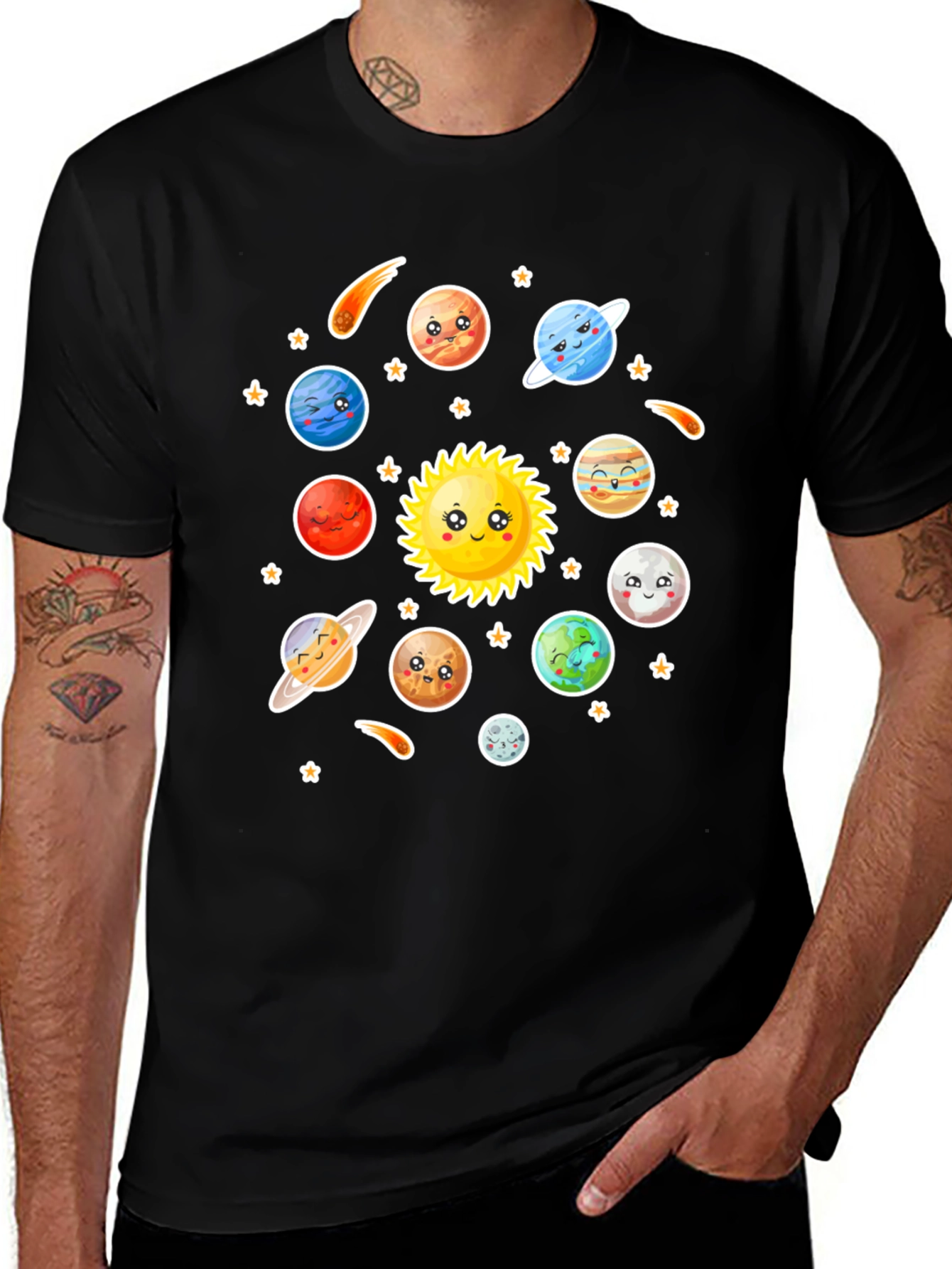 Variant 18 of Cartoon Solar System Graphic Black T-Shirt