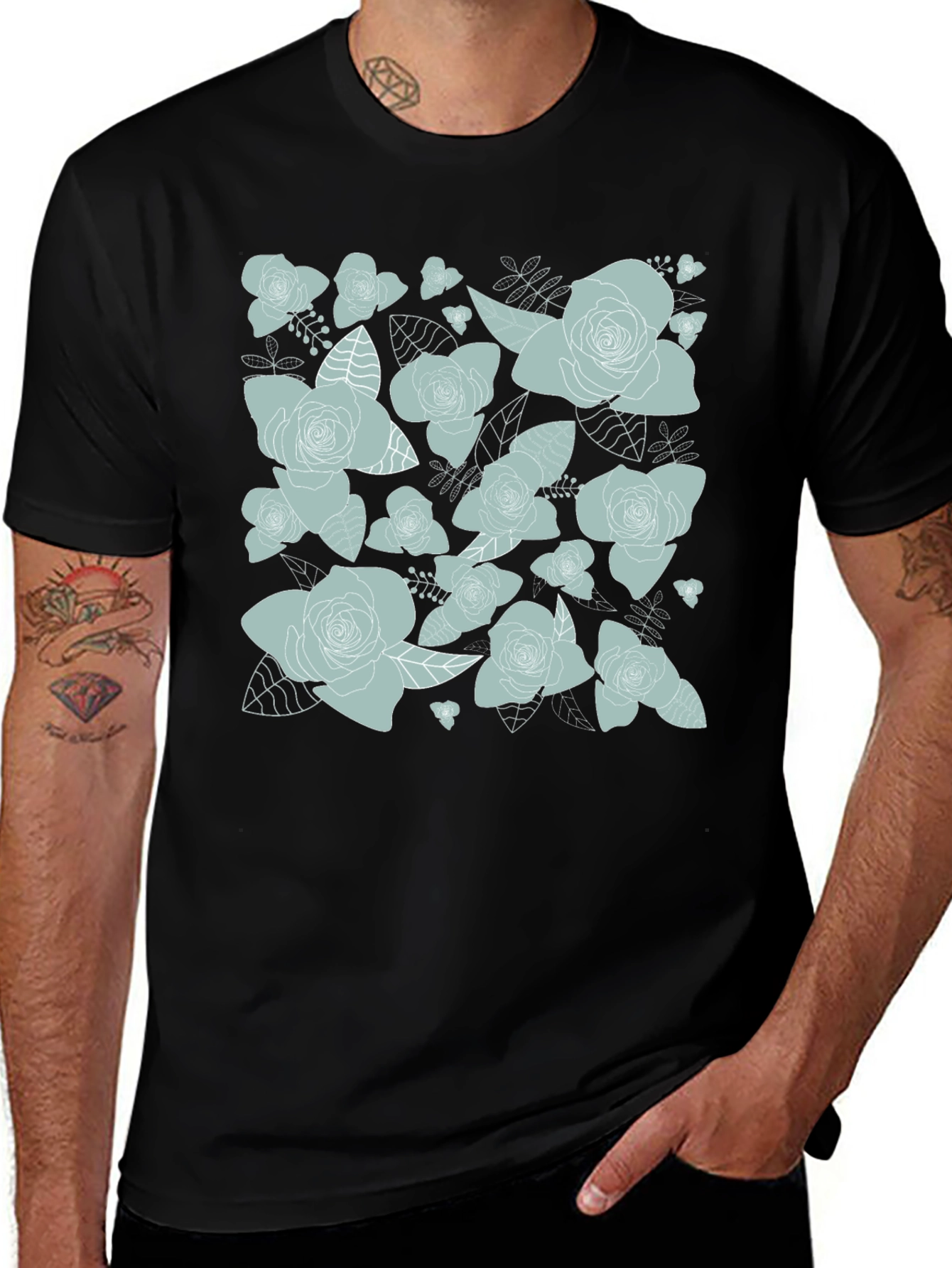 Variant 11 of Floral Rose Print T-Shirt - Black
