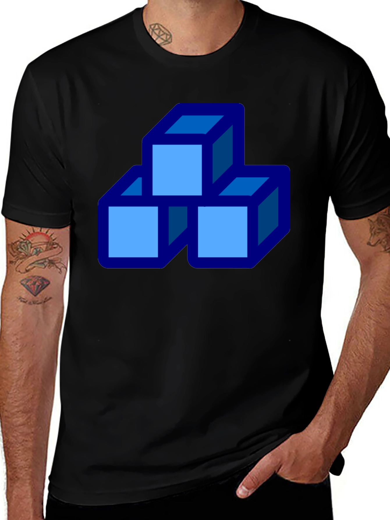 Black Geometric Cube Stack Graphic Tee - Modern Casual Shirt main image