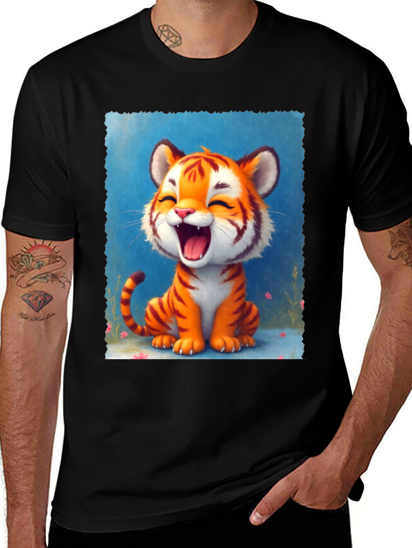 Variant 3 of Cute Tiger Graphic Tee - Black Cotton Blend
