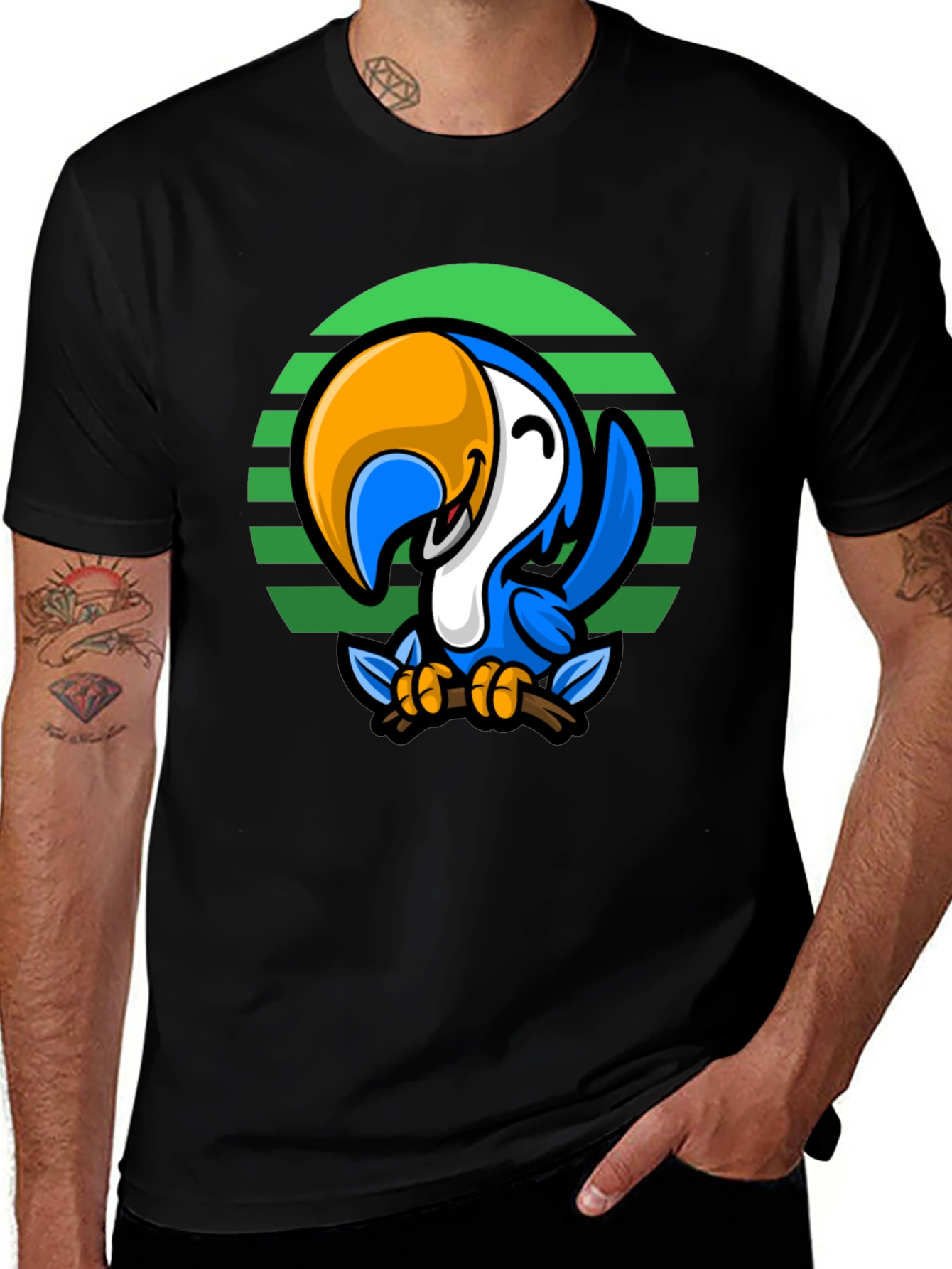 Black Cartoon Parrot Graphic Tee - Men's Black T-Shirt main image