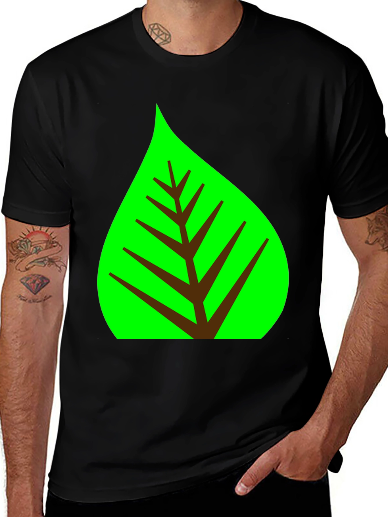 Variant 11 of Green Leaf Graphic Tee - Black Cotton Shirt