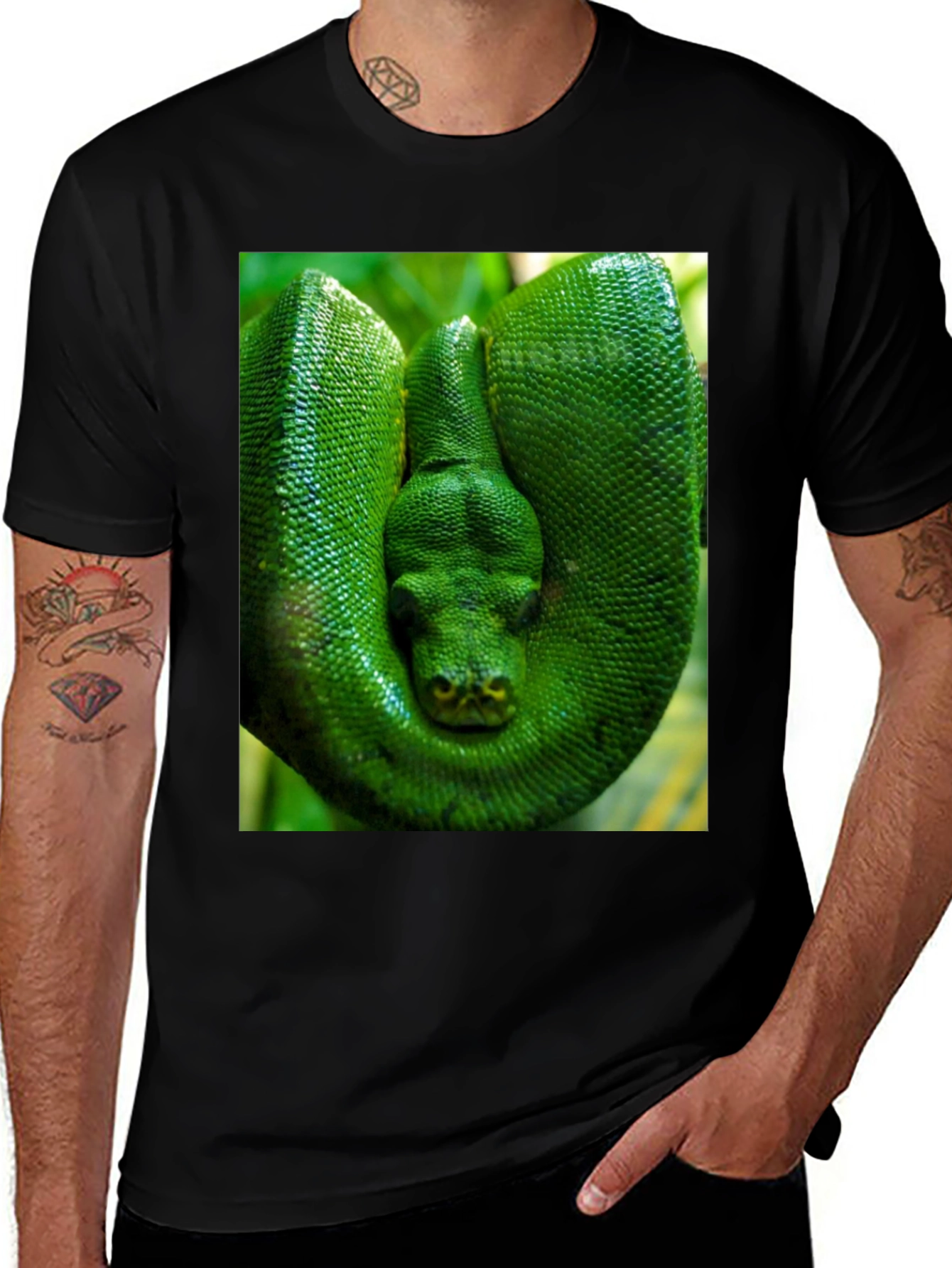 Green Snake Print Black T-Shirt