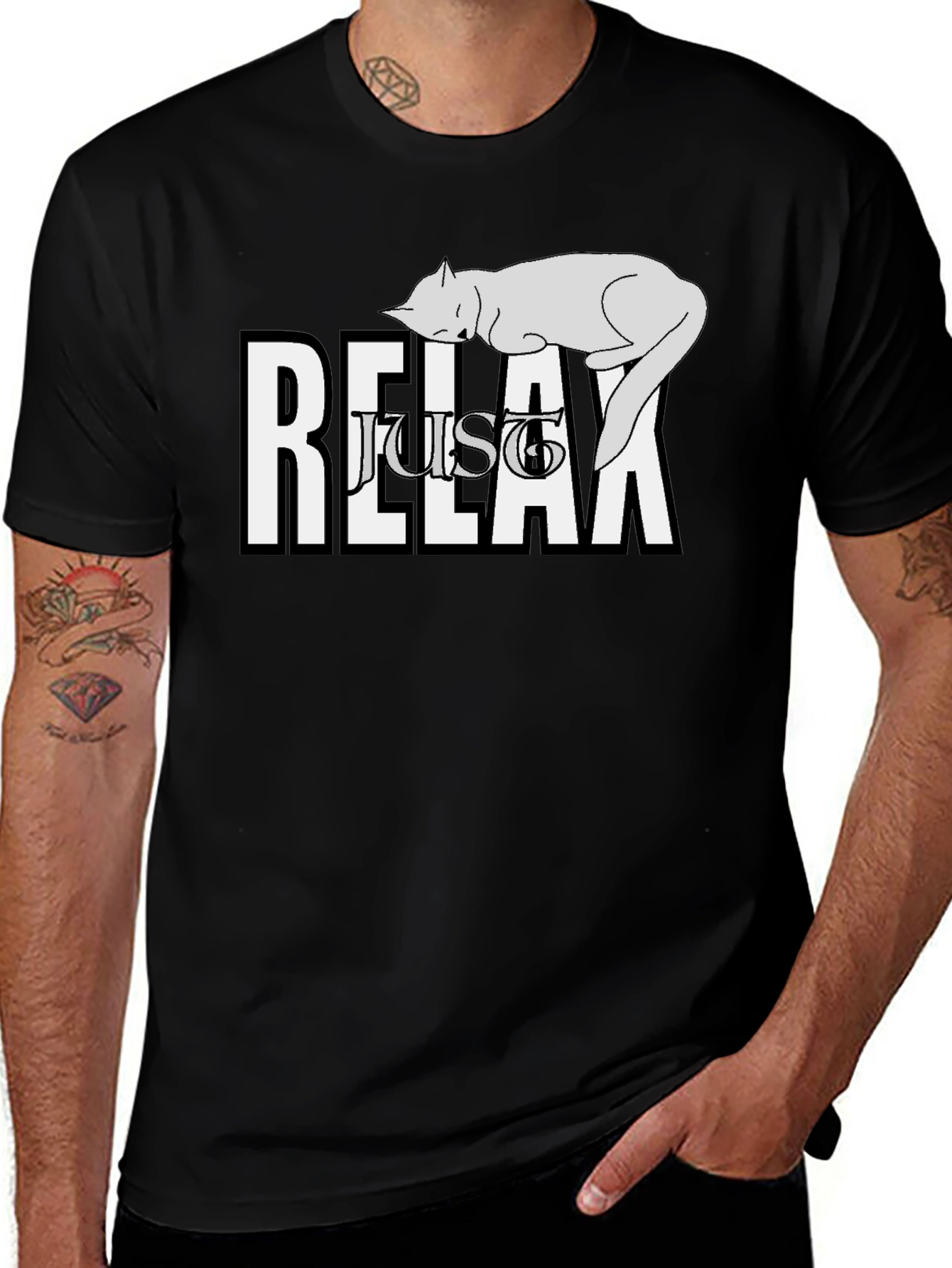 Variant 14 of Relax Cat T-Shirt - Men's Black Crew Neck Tee