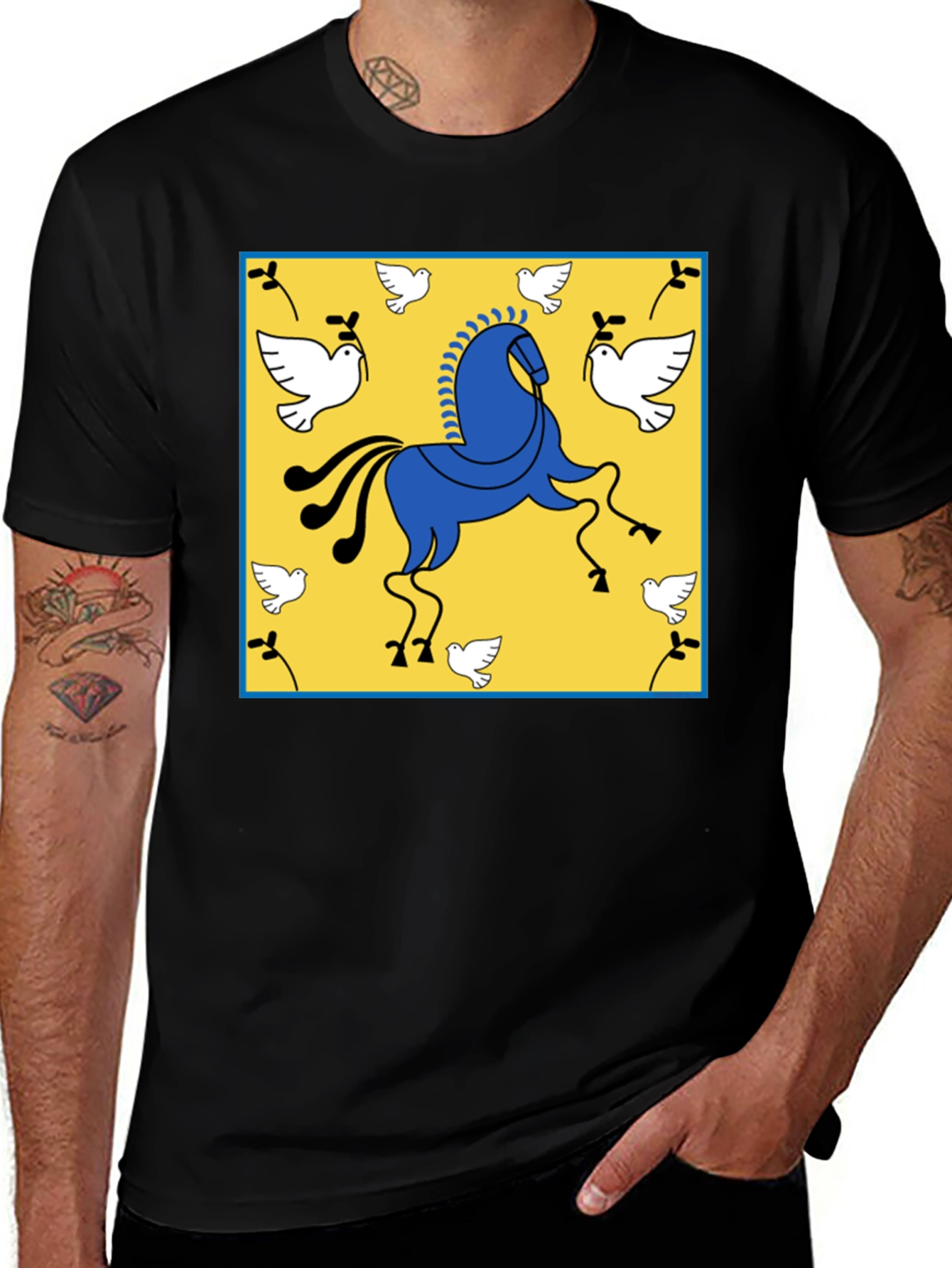Variant 12 of Unique Graphic Tee - Blue Horse & Peace Doves