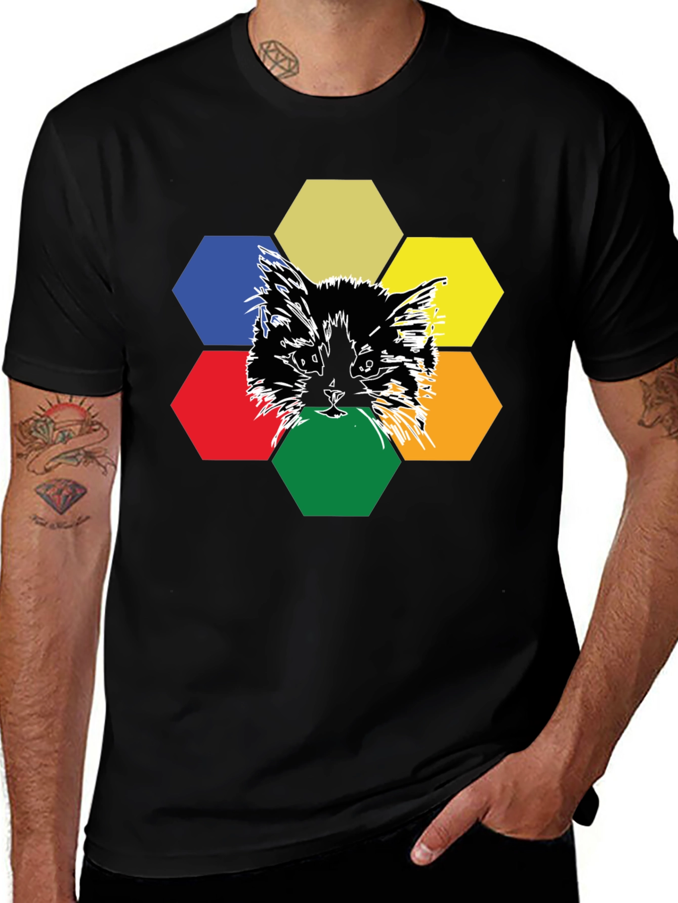 Variant 19 of Cat Hexagon Graphic Black T-Shirt