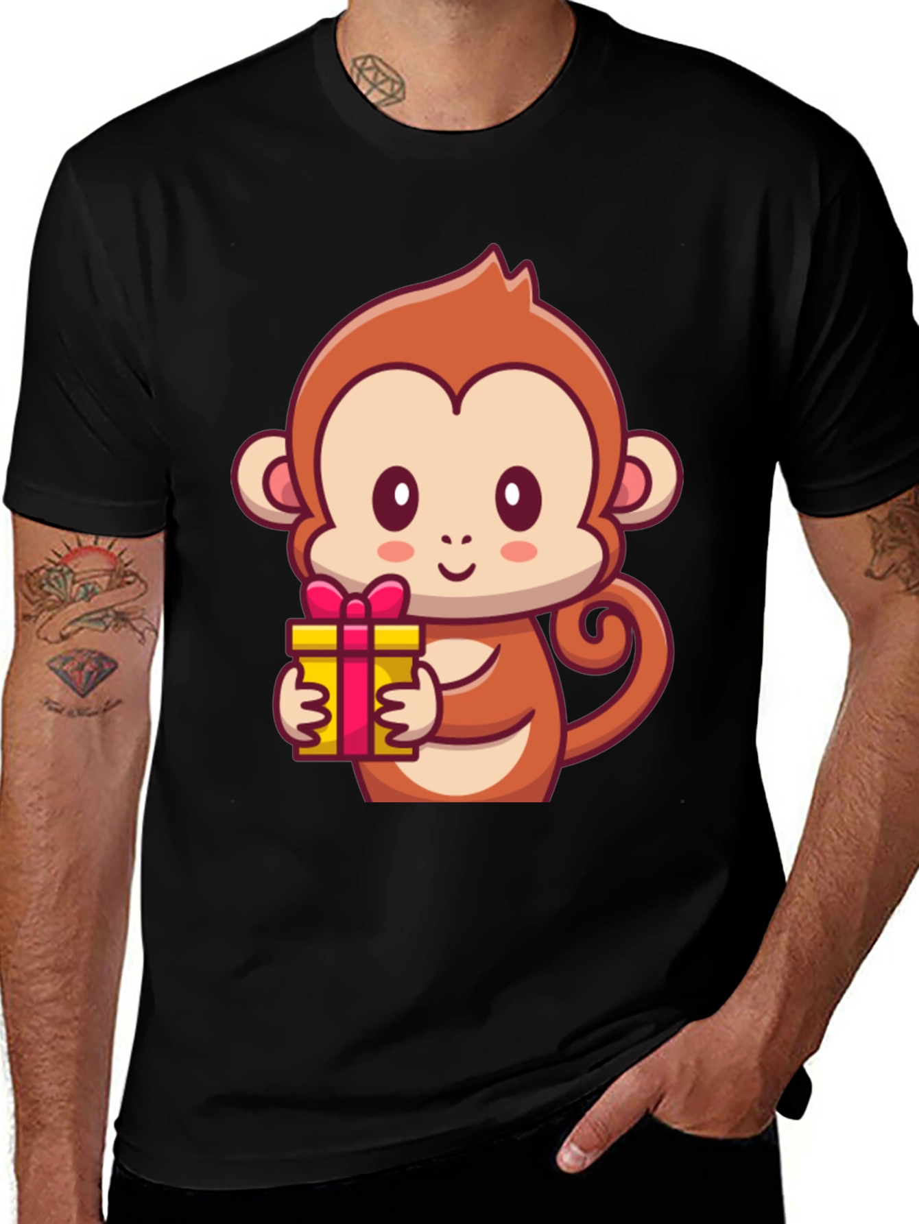 Variant 4 of Cute Monkey Holding Gift Black T-Shirt
