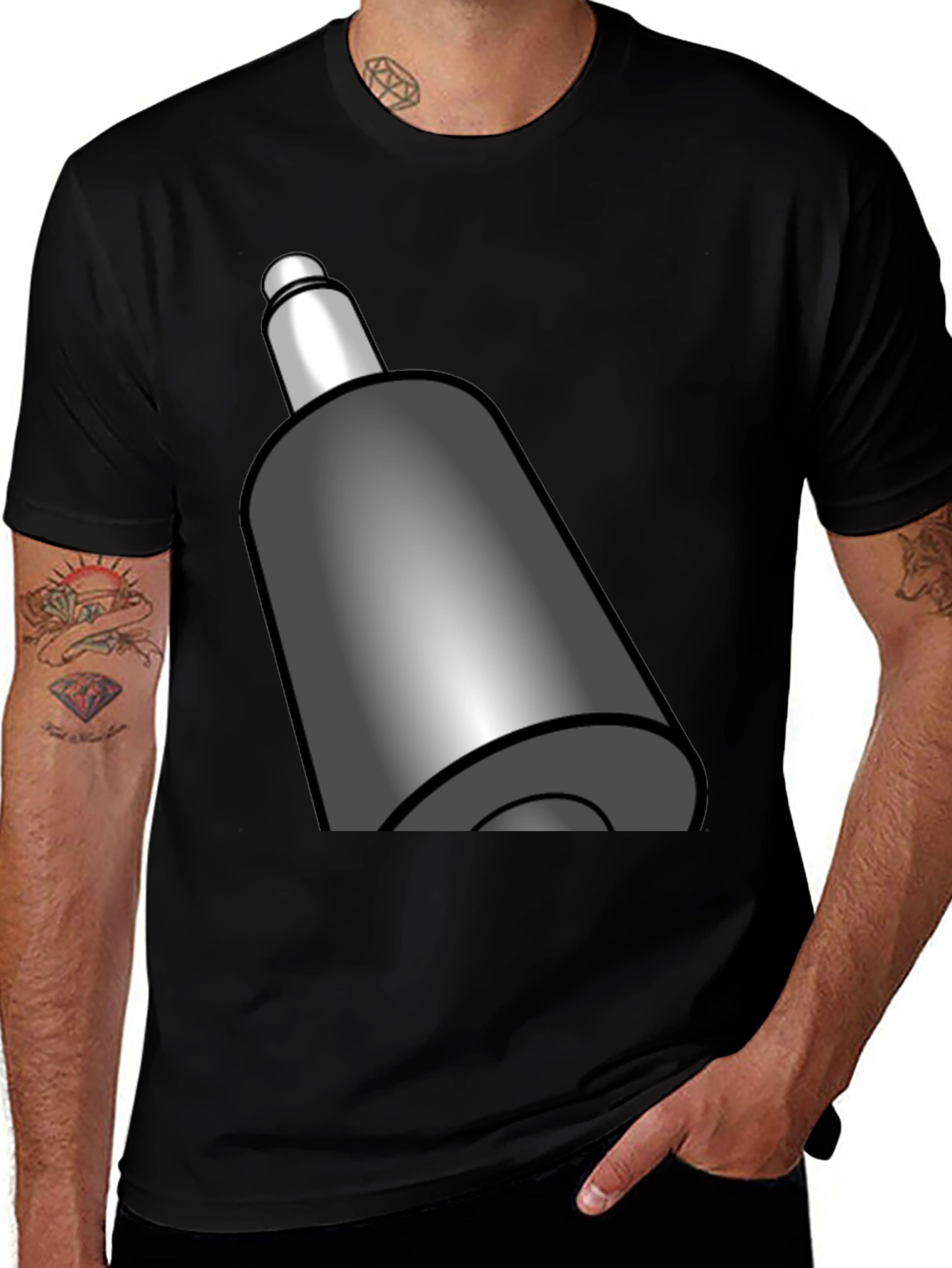 Novelty Black T-Shirt with Cartoony Gray Bullet Design