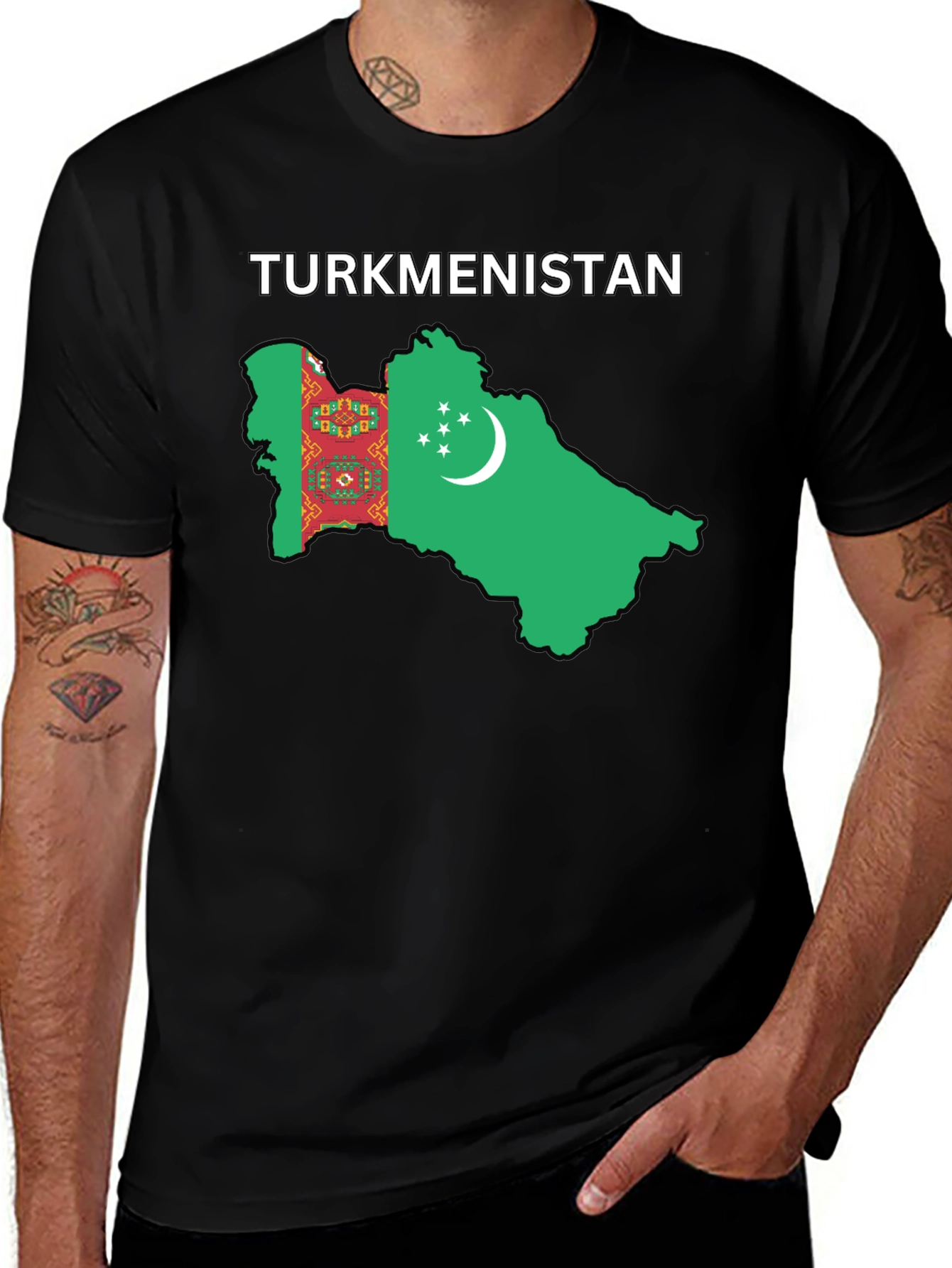 Turkmenistan Flag Map T-Shirt - Black