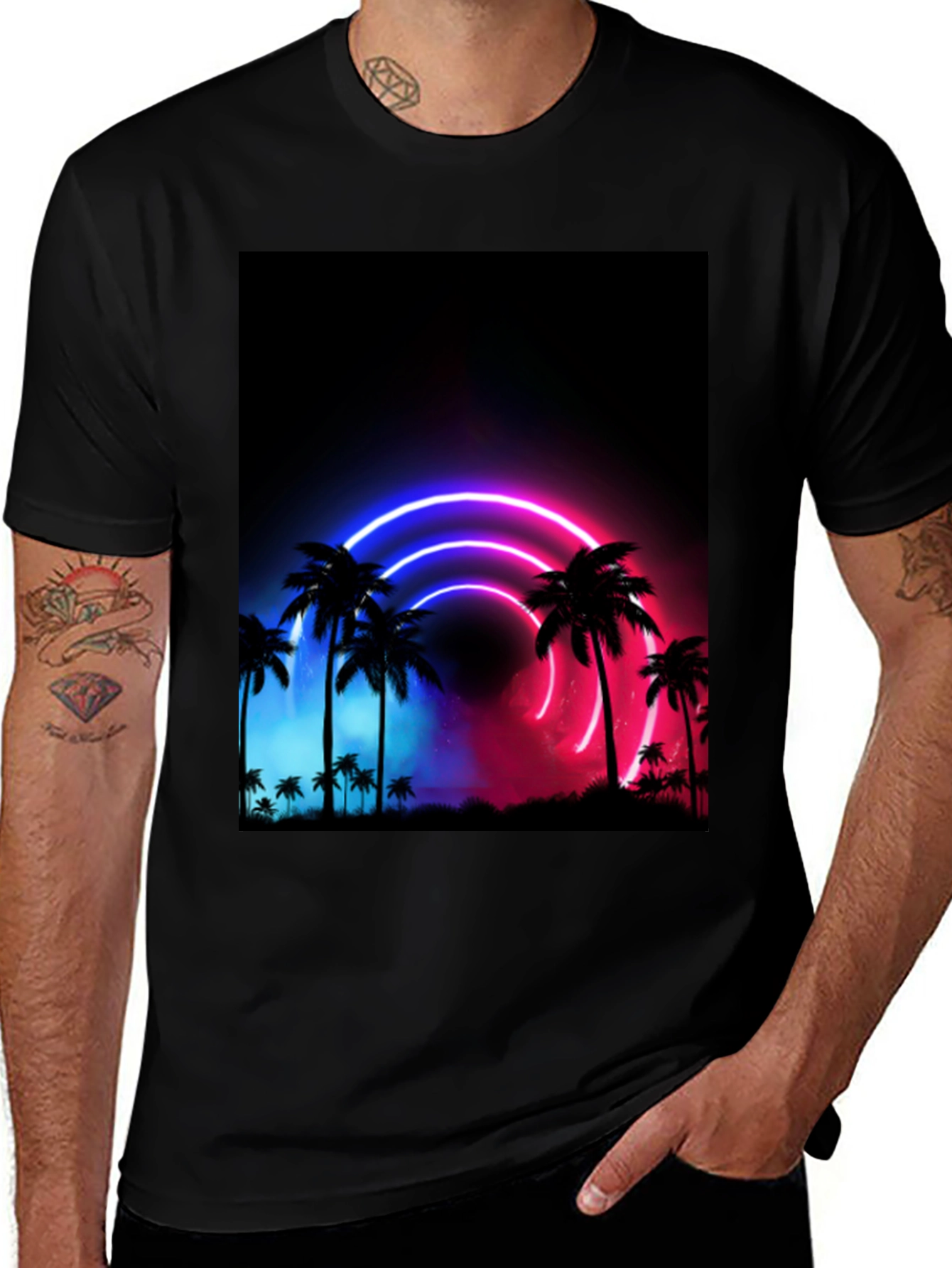 Variant 13 of Neon Palm Tree Graphic Black T-Shirt