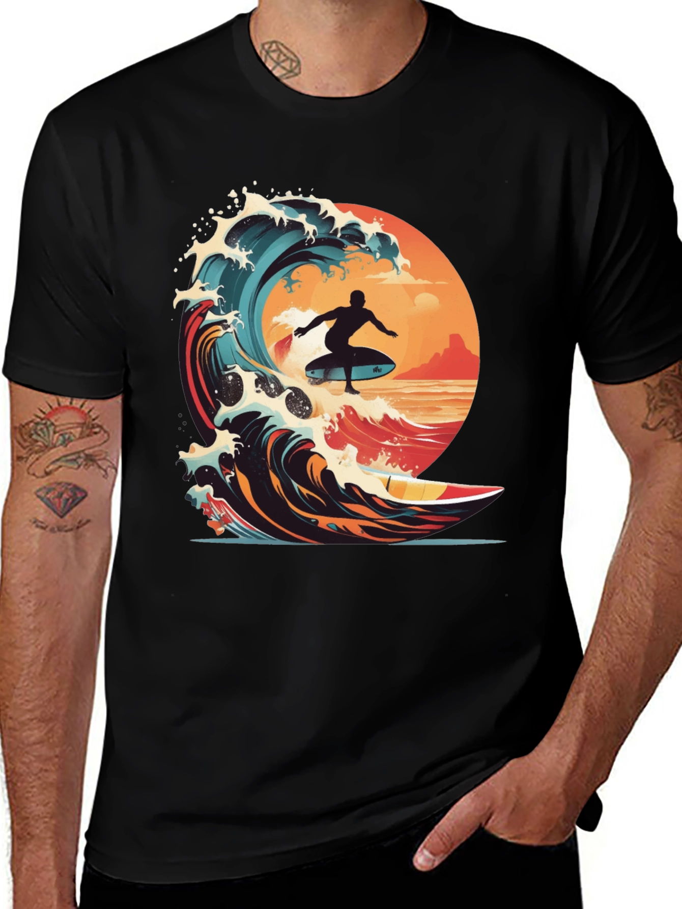 Surfer Wave Graphic Tee - Black Cotton T-Shirt