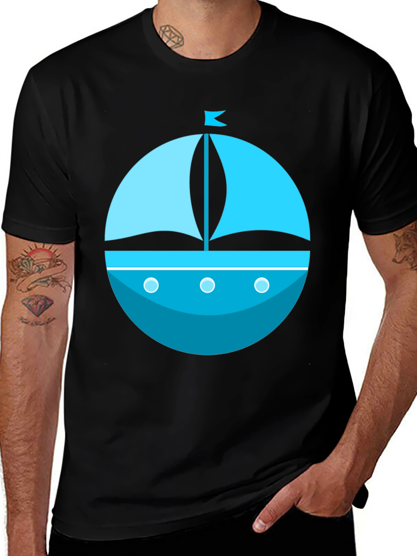Variant 7 of Nautical Blue Boat Graphic Tee - Men's Black T-Shirt