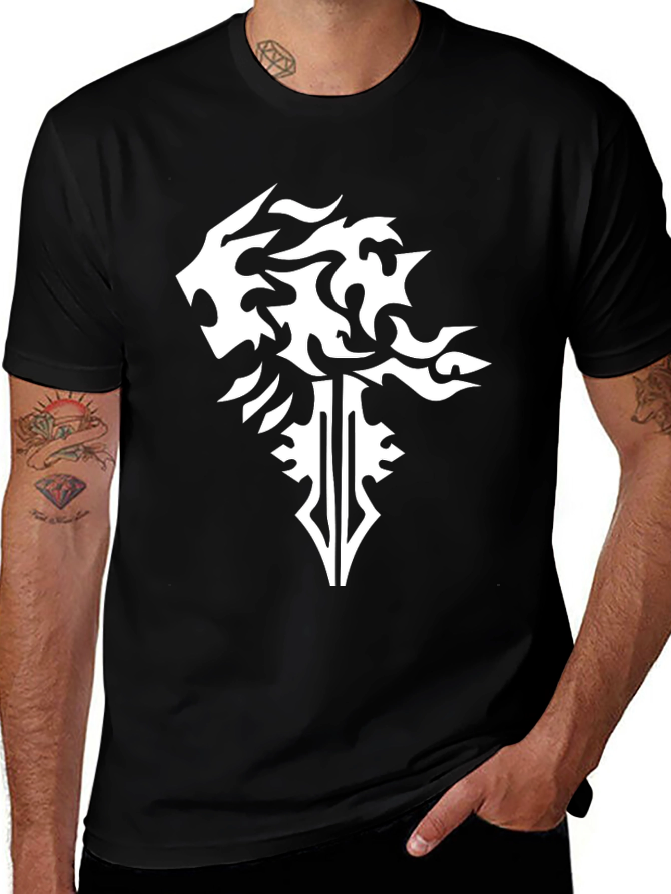 Variant 28 of Black T-Shirt with Abstract Lion & Sword Design