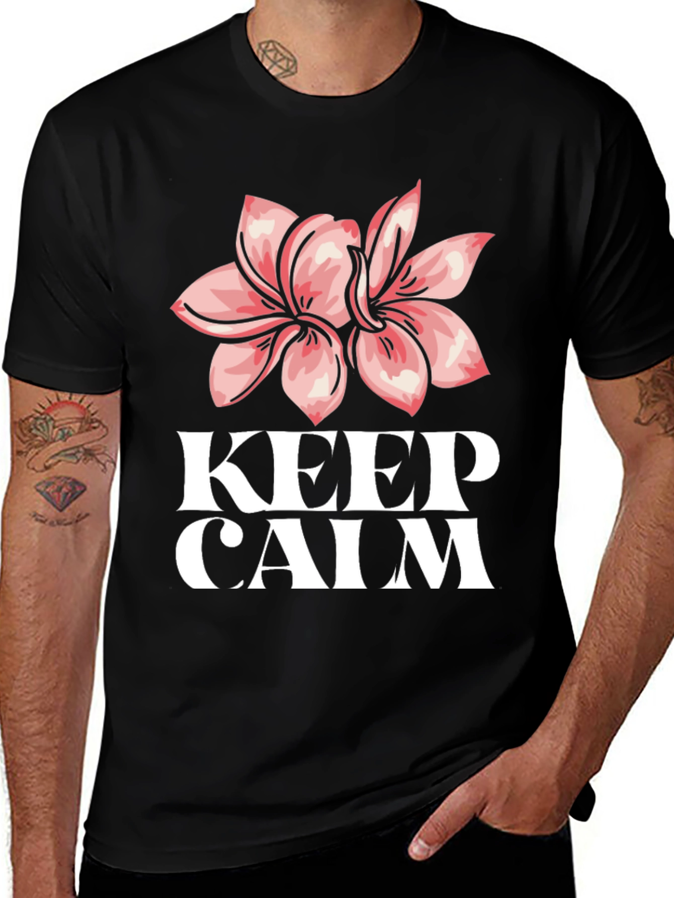 Variant 12 of Keep Calm Floral T-Shirt - Black Crew Neck