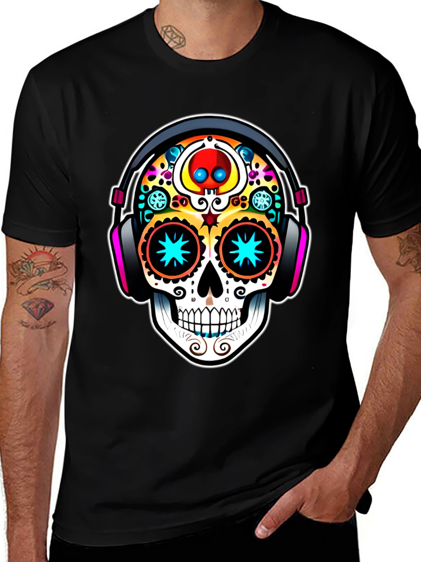 Variant 20 of Skull DJ Black T-Shirt - Day of the Dead Style