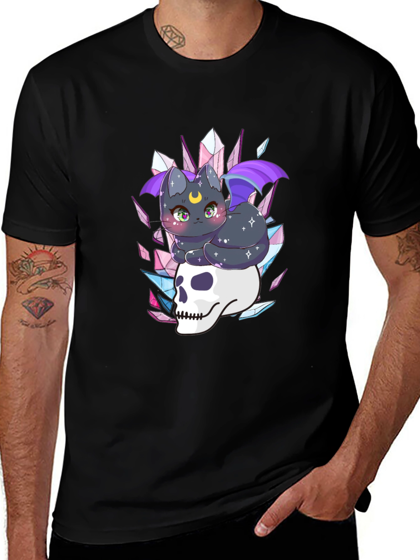 Variant 28 of Gothic Cat & Skull T-Shirt - Dark Aesthetic Style
