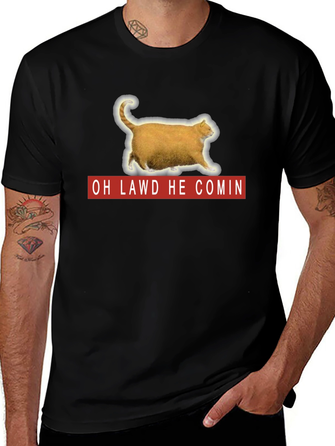 Variant 16 of Oh Lawd He Comin' Cat Graphic Tee - Unisex Black T-Shirt