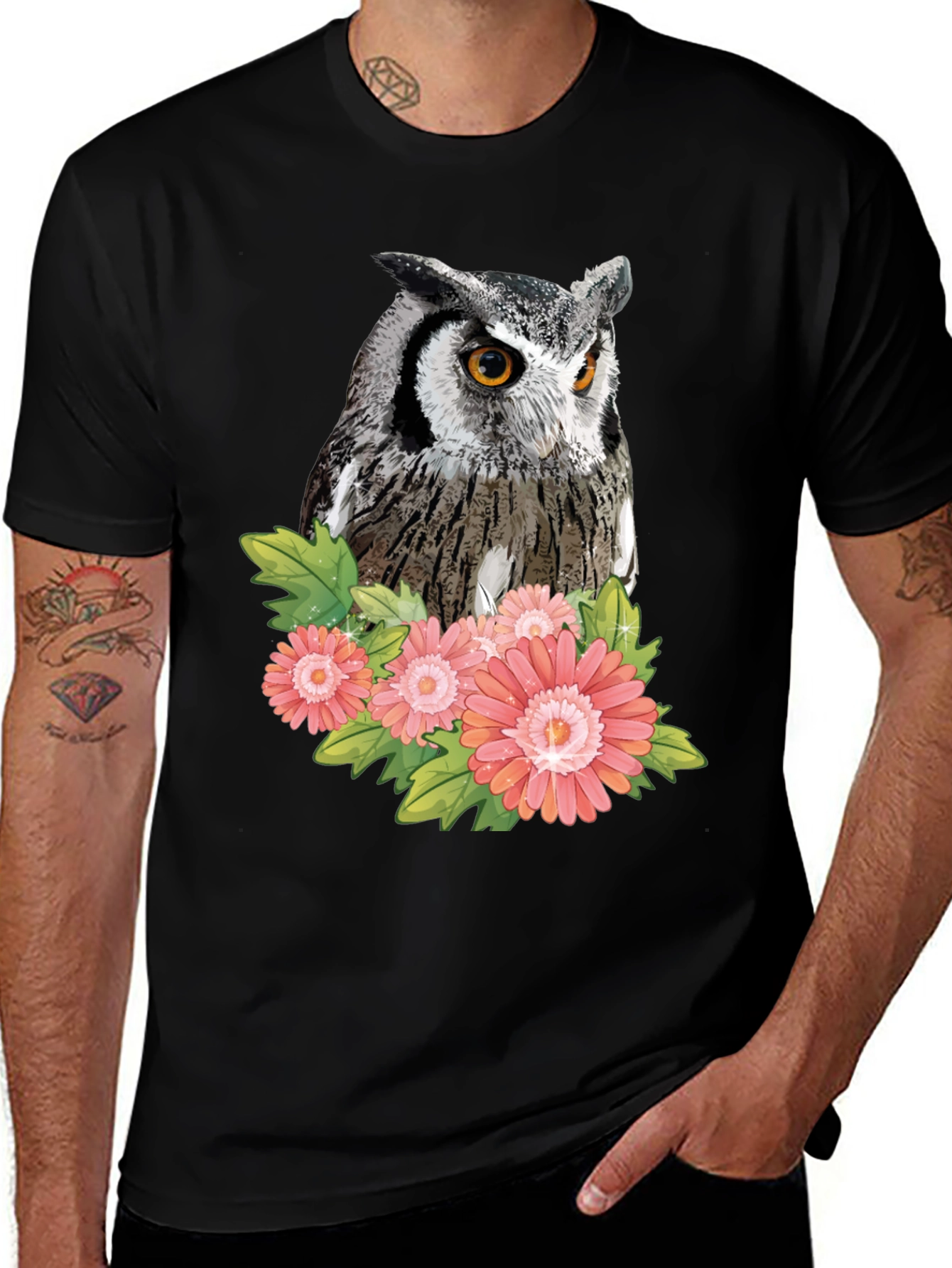Variant 27 of Owl and Floral Print Black T-Shirt