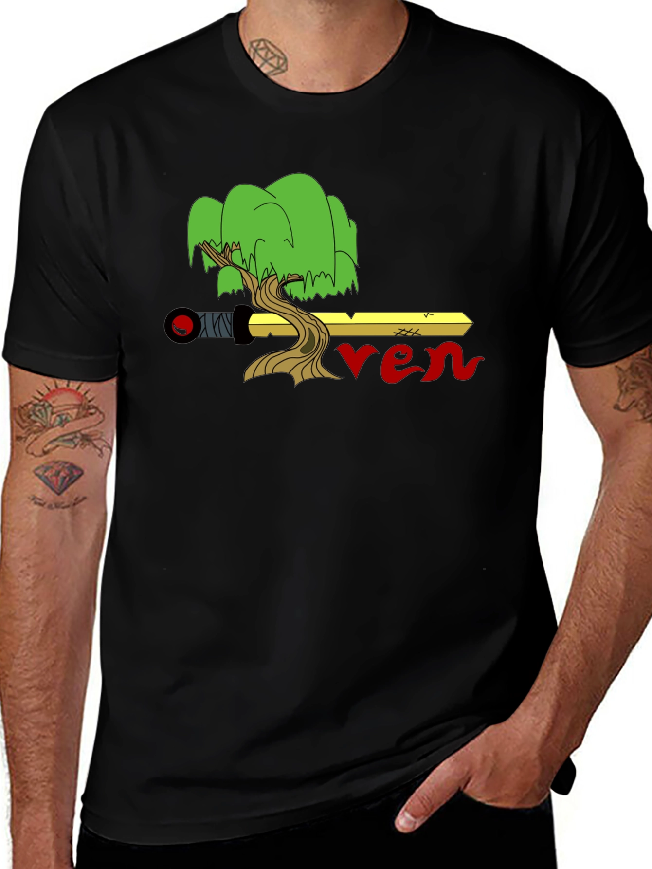 Variant 15 of Cartoon Style Graphic Tee - Sword, Tree, and Text Design