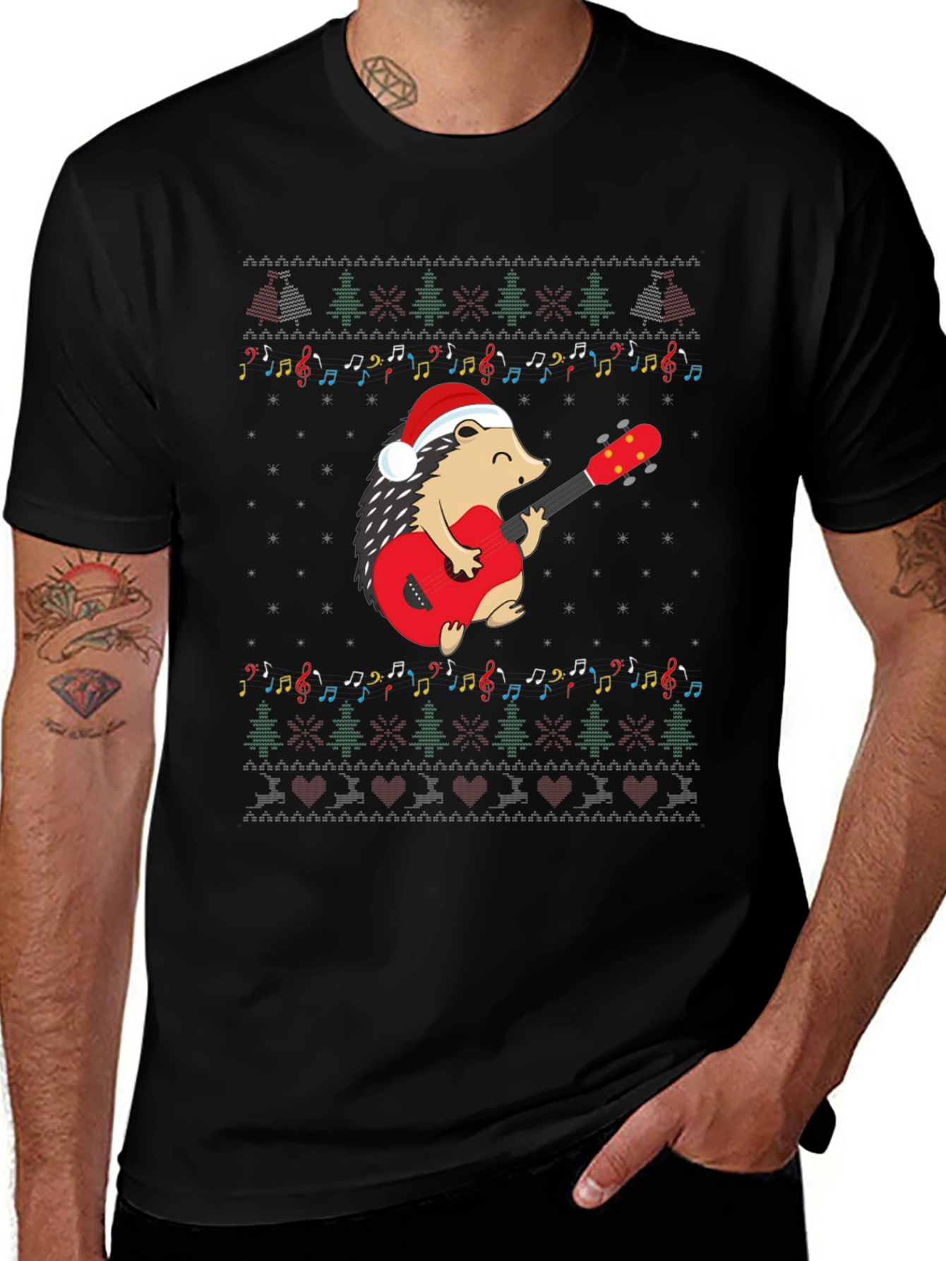 Festive Hedgehog Guitarist Christmas T-Shirt
