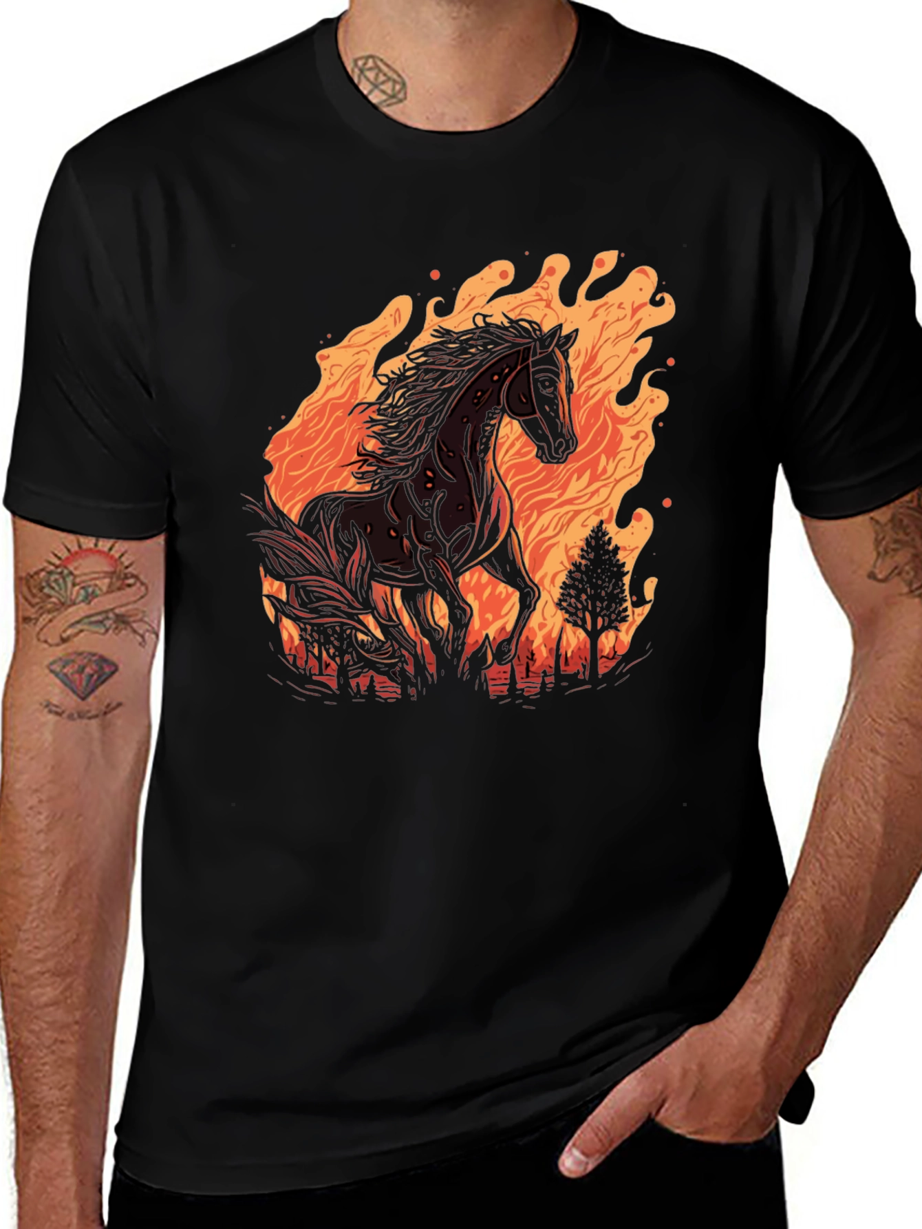 Variant 4 of Fiery Horse Graphic Tee - Black Cotton