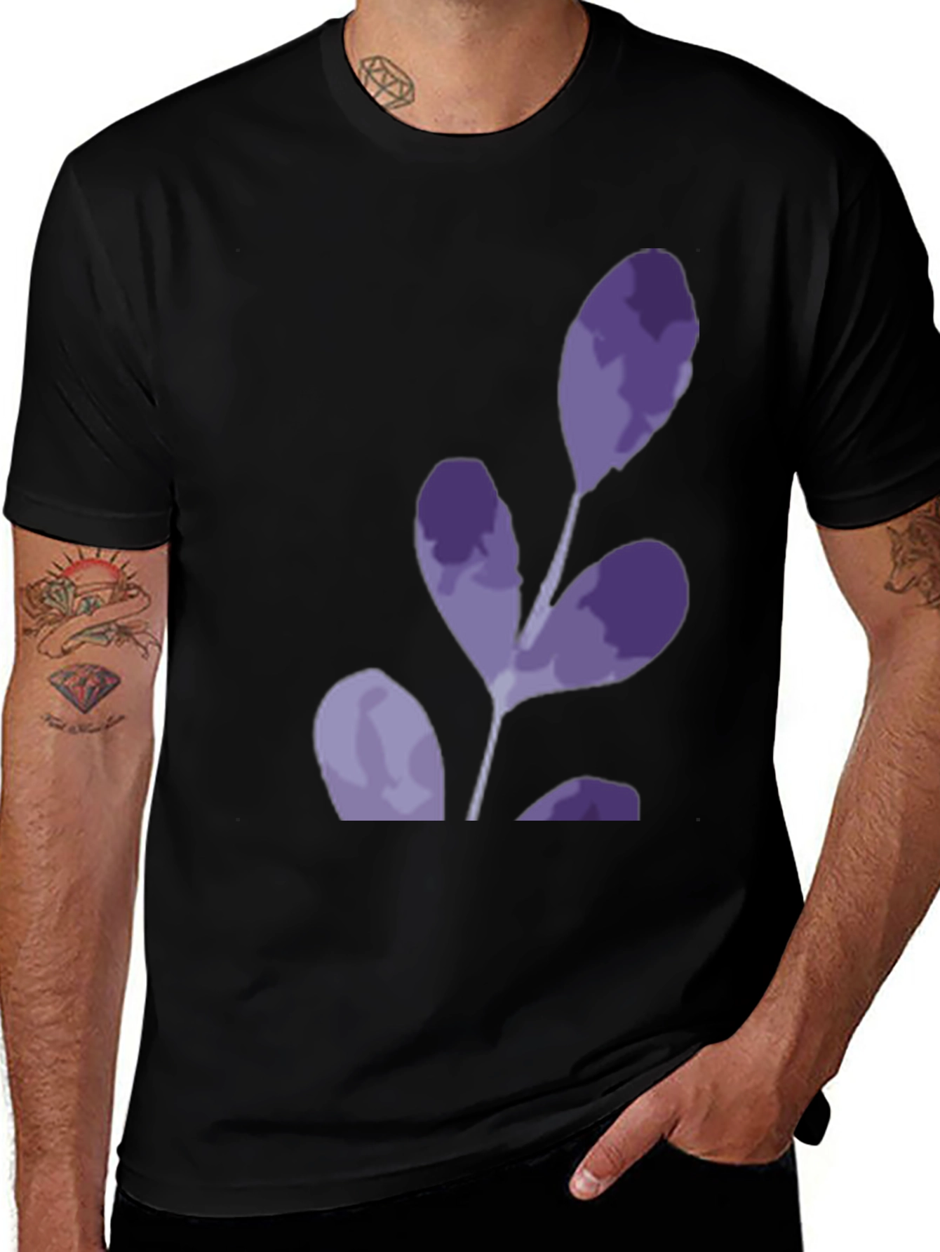 Variant 24 of Modern Black T-Shirt with Purple Leaf Design