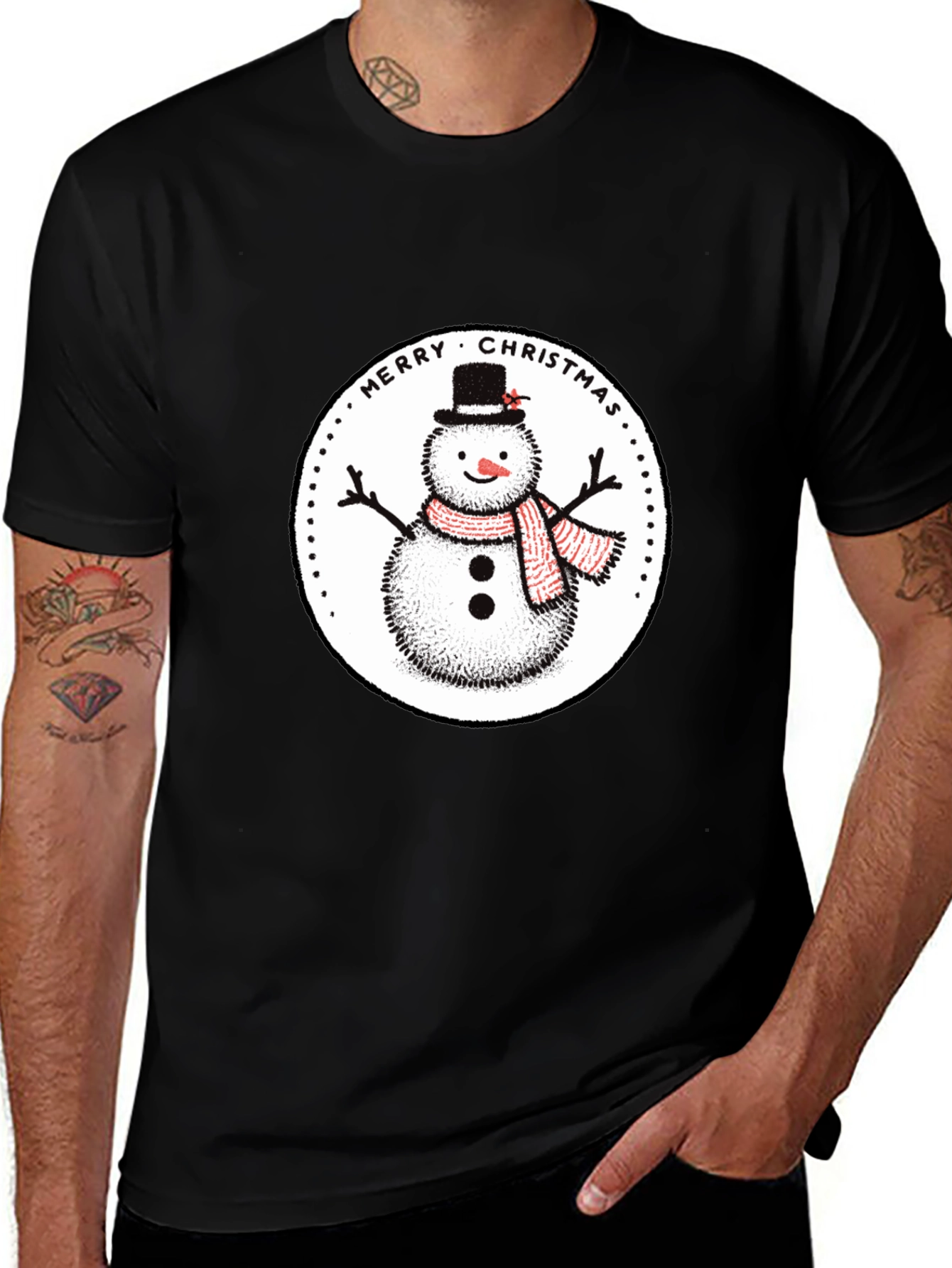 Merry Christmas Snowman Graphic Tee - Black