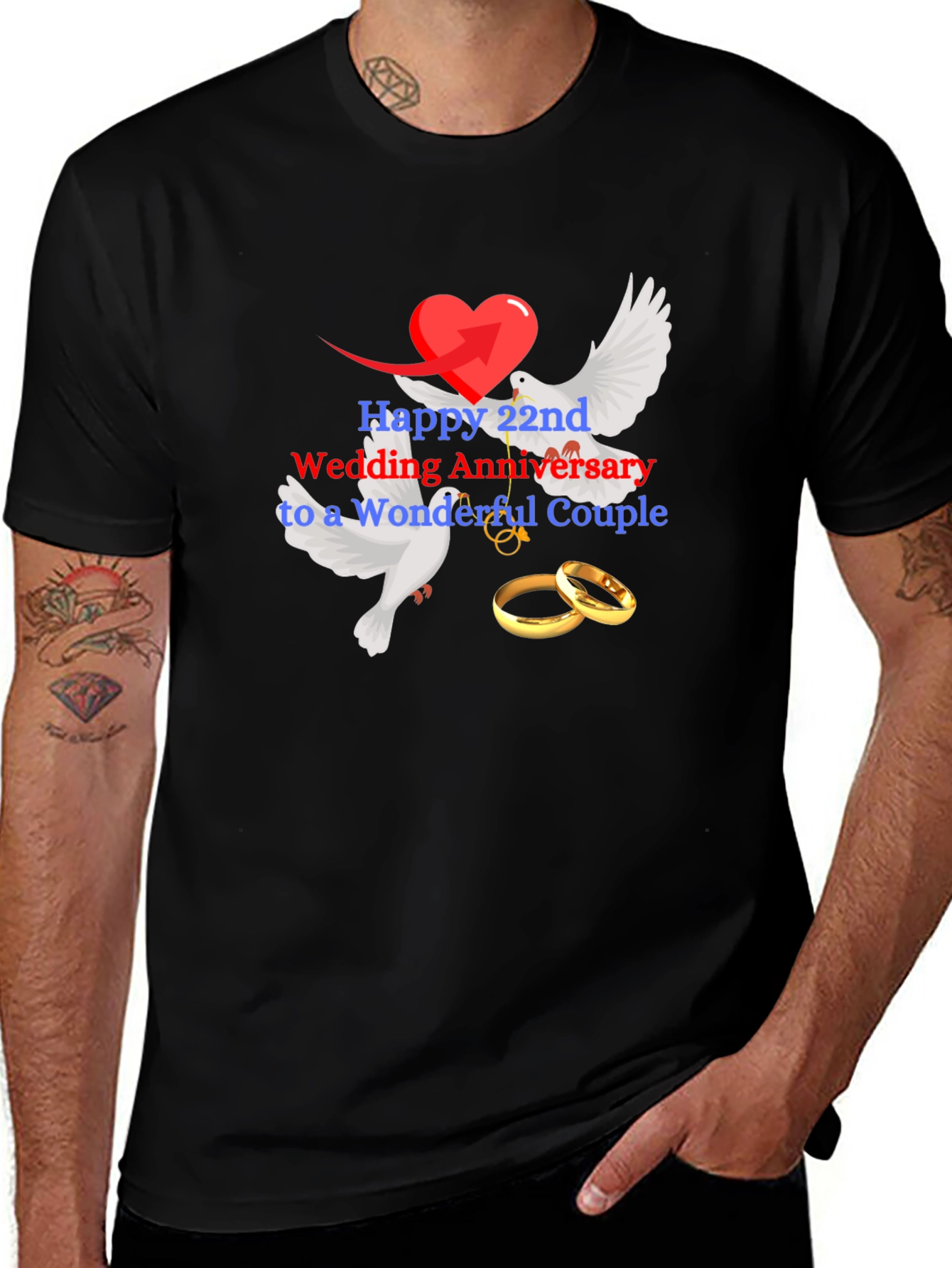 22nd Wedding Anniversary Dove & Rings Black Tee