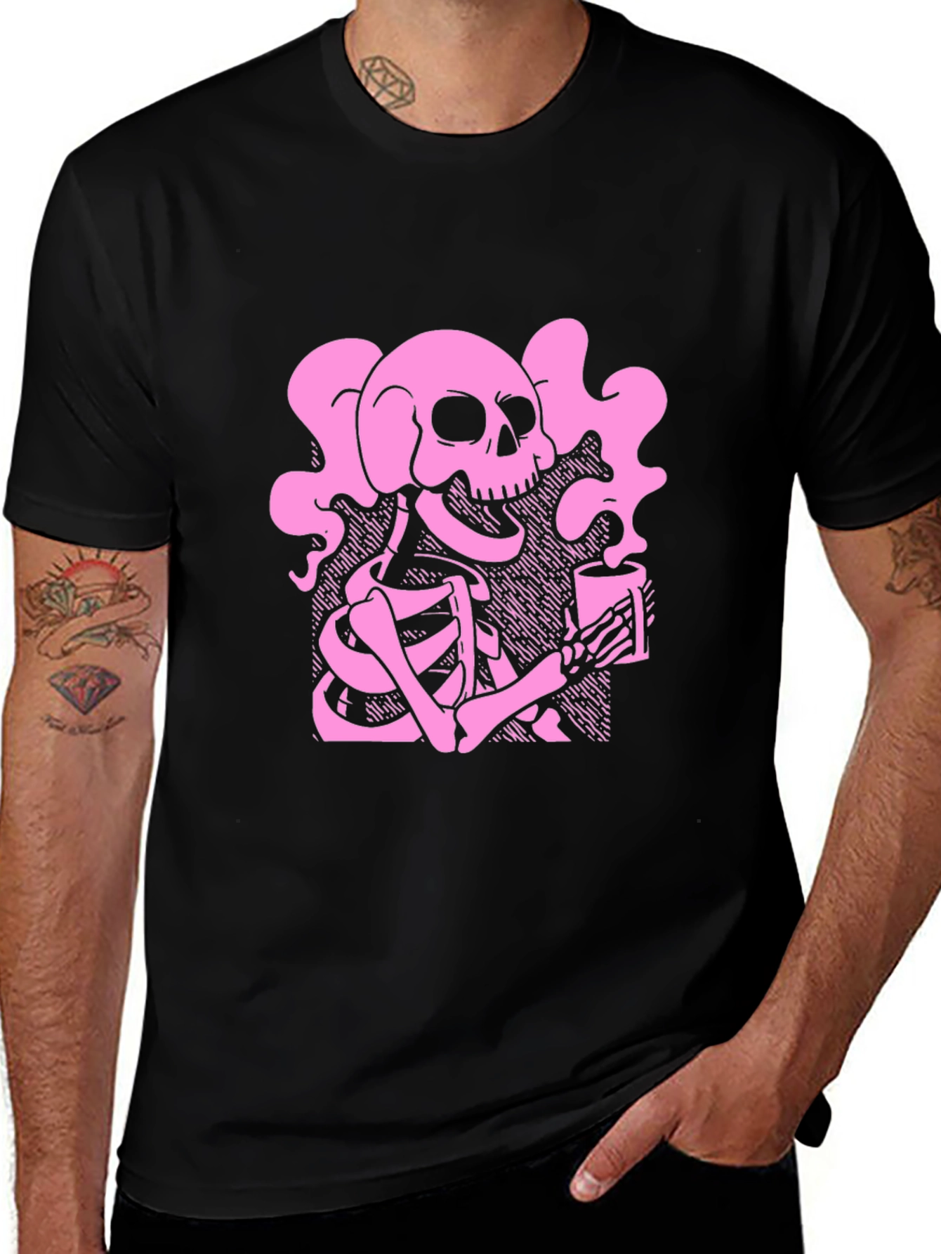 Black Skeleton Coffee T-Shirt - Gothic Style, Relaxed Fit main image