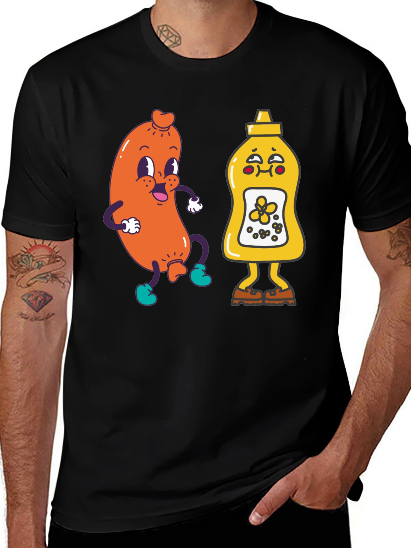 Variant 24 of Funny Sausage & Mustard Cartoon Black T-Shirt
