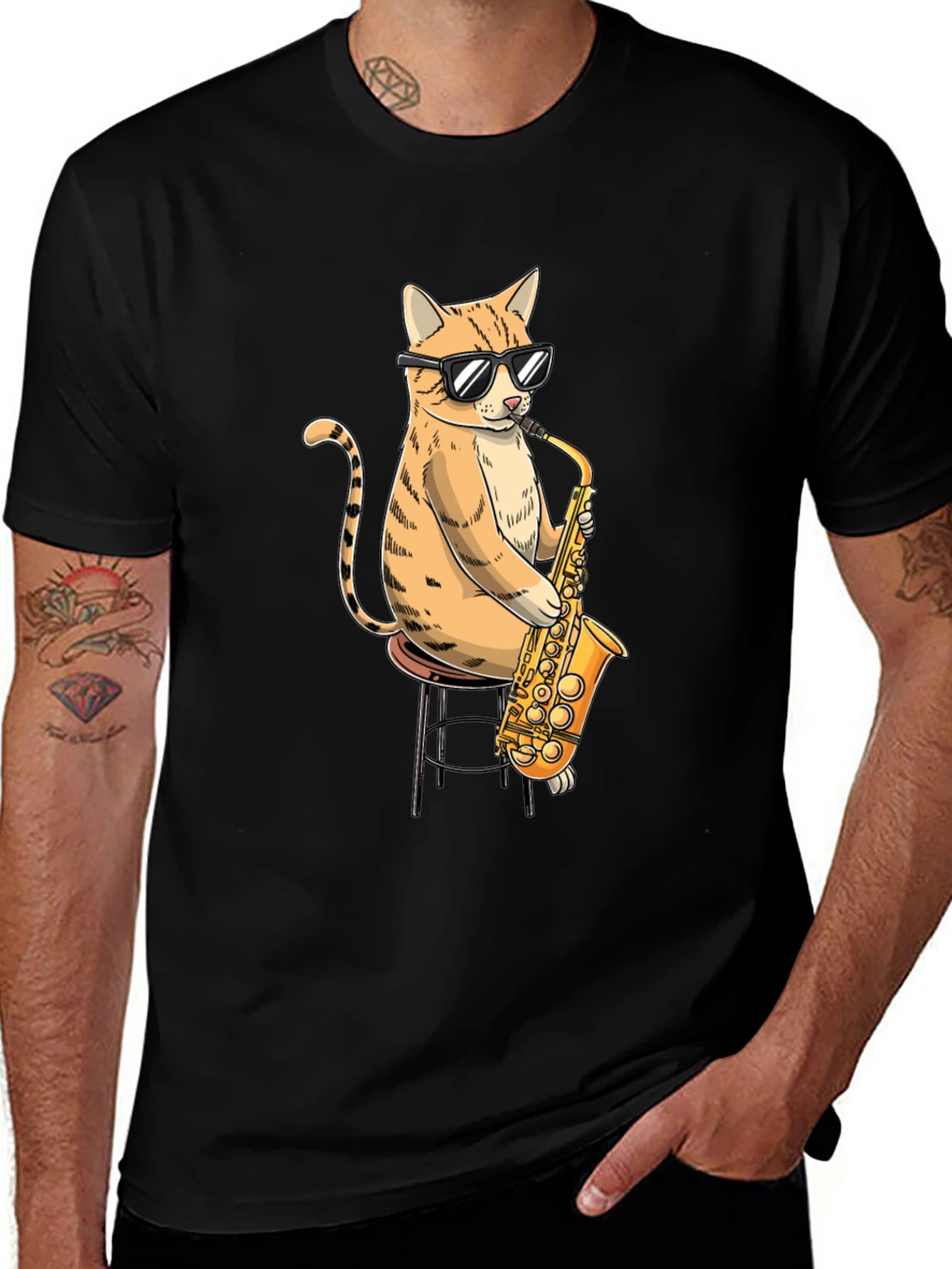 Black Cool Cat Saxophone Graphic T-Shirt main image