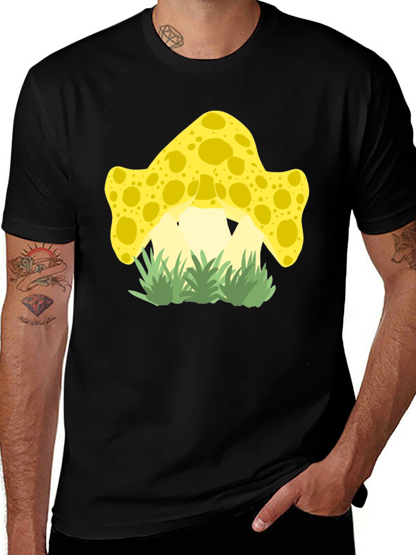 Variant 26 of Funky Mushroom Graphic Tee - Black Cotton Shirt
