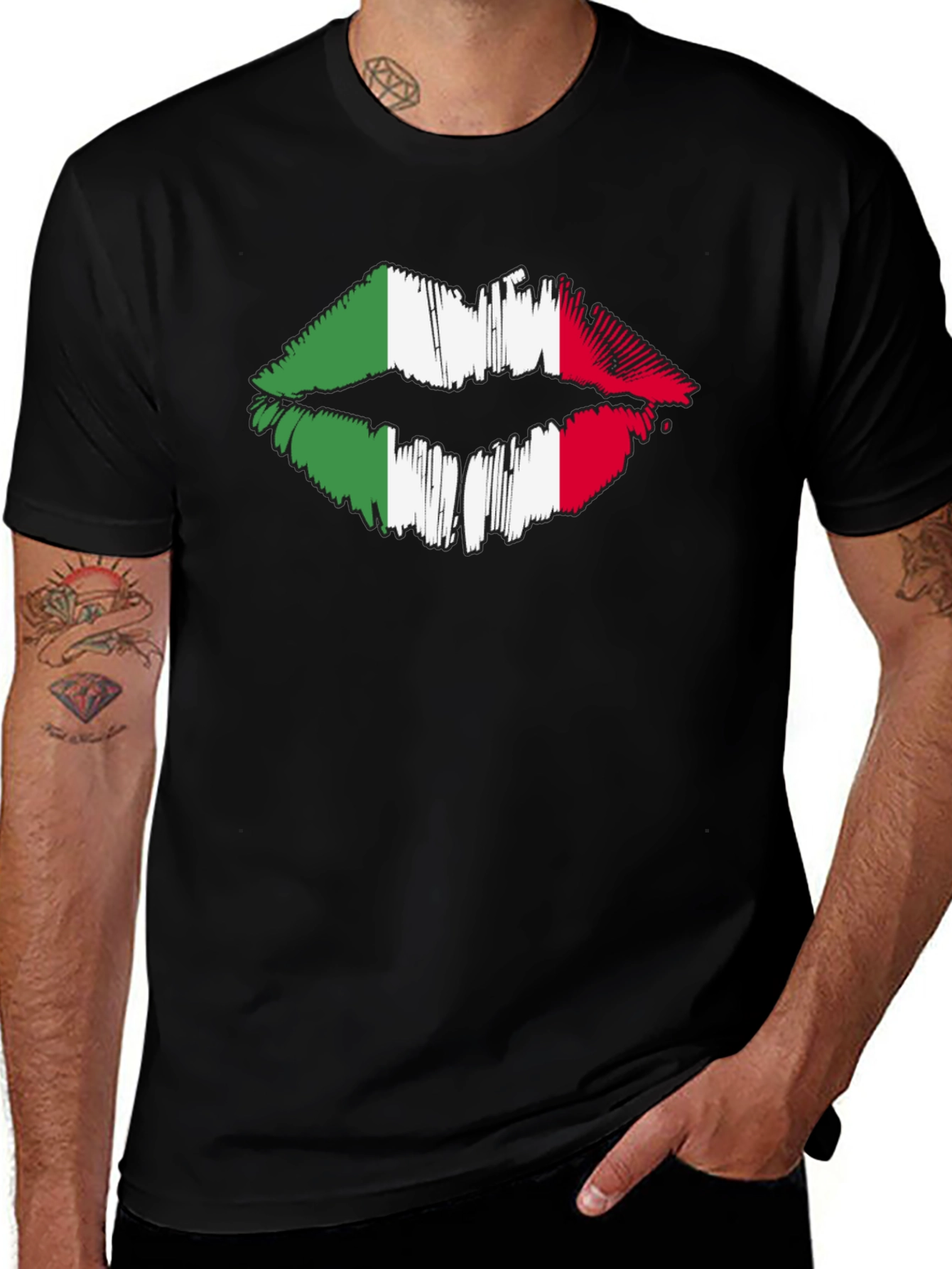 Black Italian Flag Lips Graphic Black T-Shirt main image