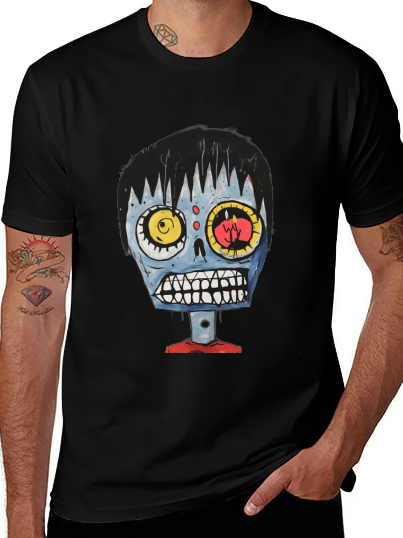 Zombie Cartoon Graphic Tee - Black Cotton T-Shirt