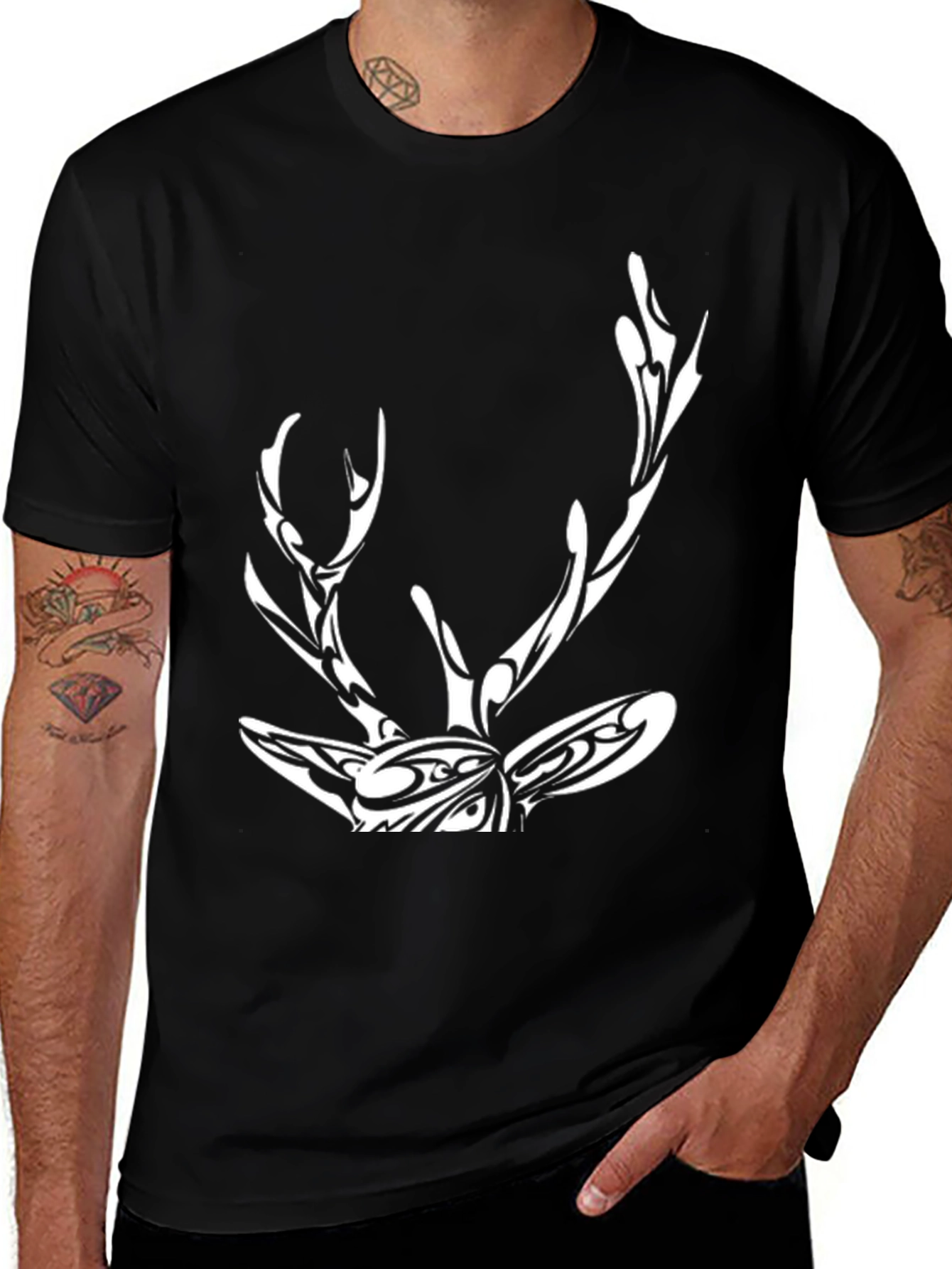 Variant 30 of Tribal Deer Graphic Print Black T-Shirt