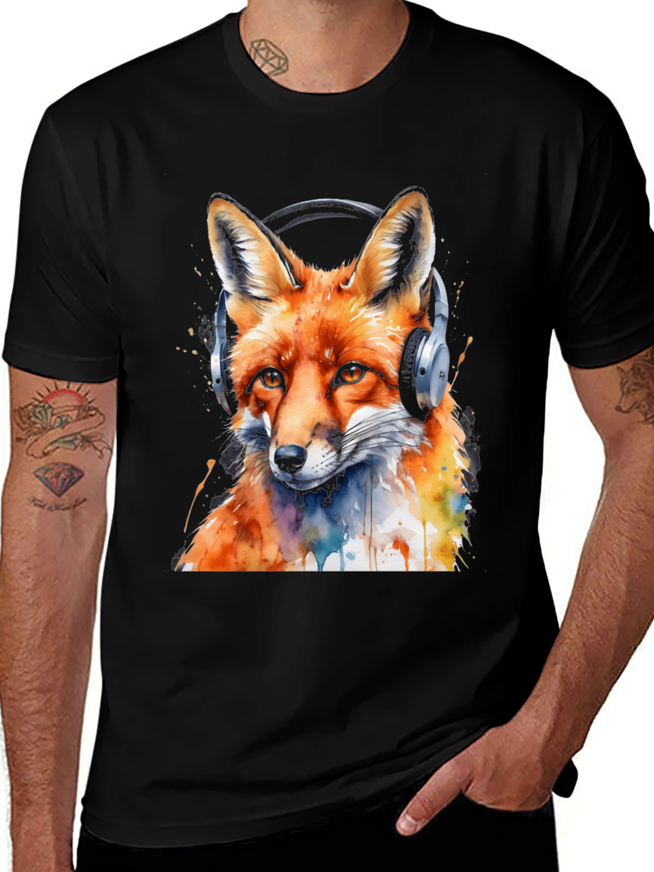 Variant 5 of Fox Headphone T-Shirt - Artistic Watercolor Style